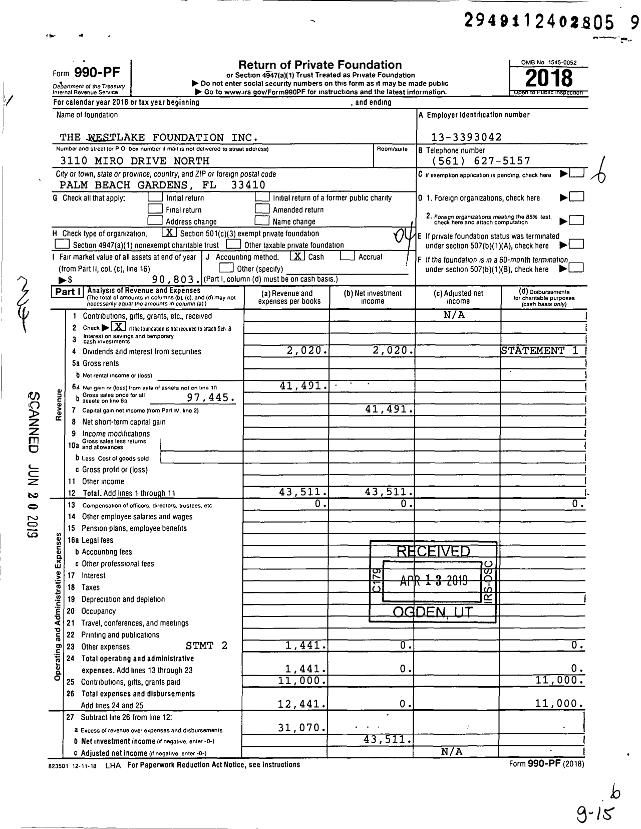 Image of first page of 2018 Form 990PF for The Westlake Charitable Foundation