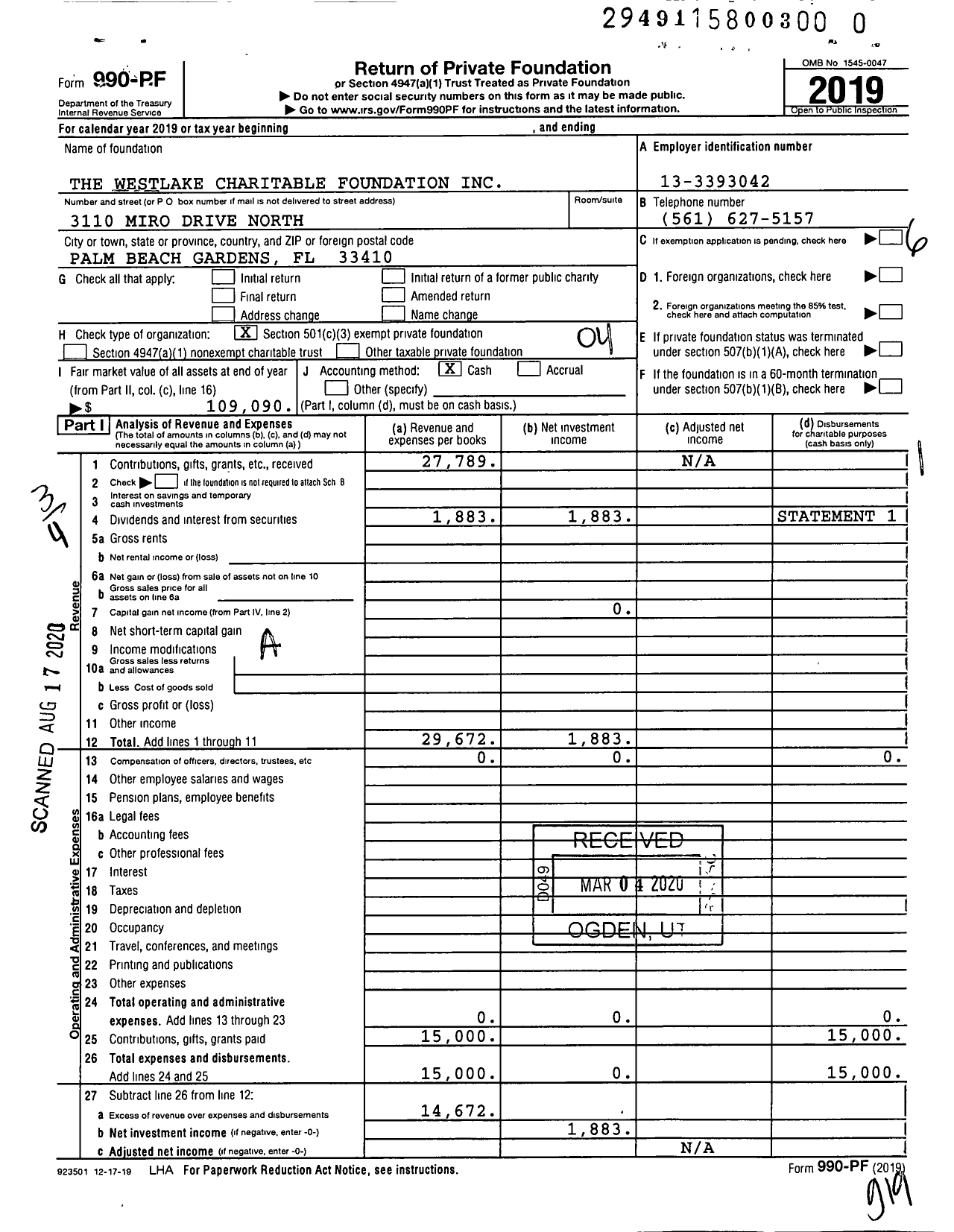 Image of first page of 2019 Form 990PR for The Westlake Charitable Foundation