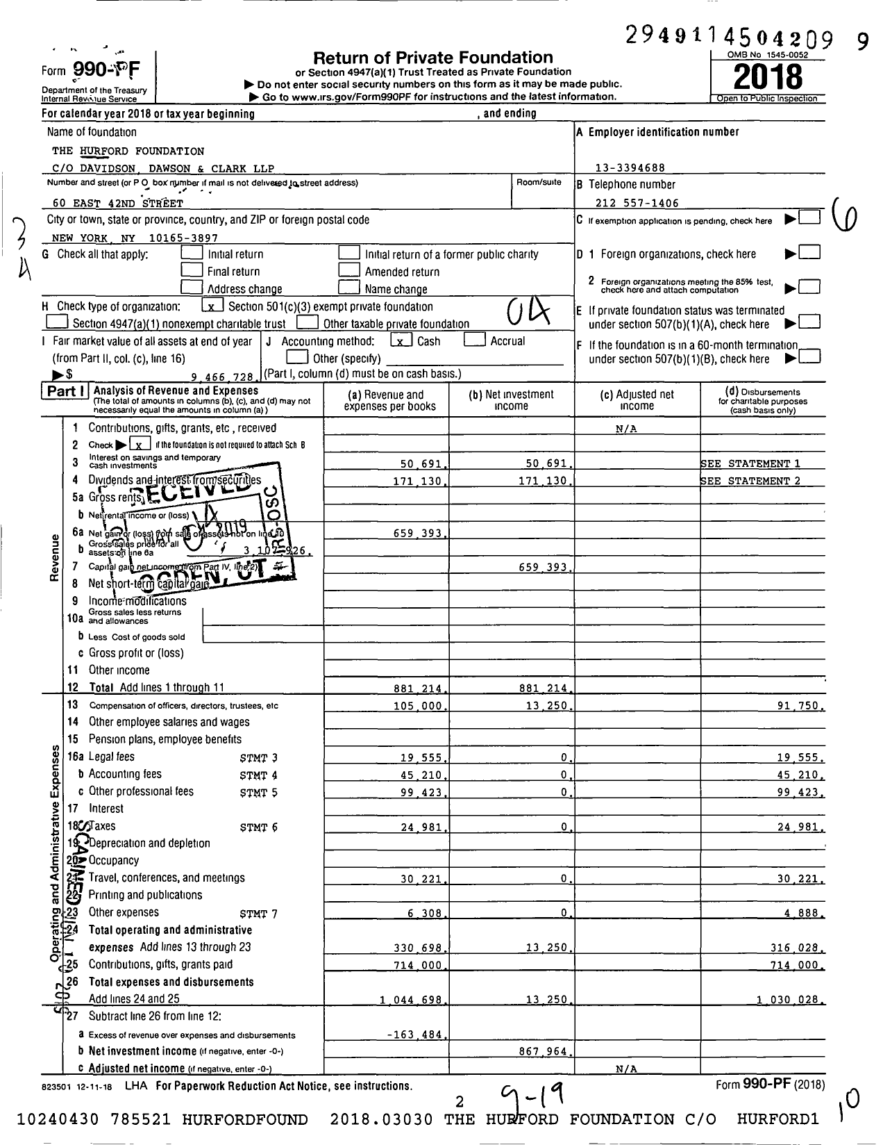 Image of first page of 2018 Form 990PF for The Hurford Foundation Jayne M Kurzman