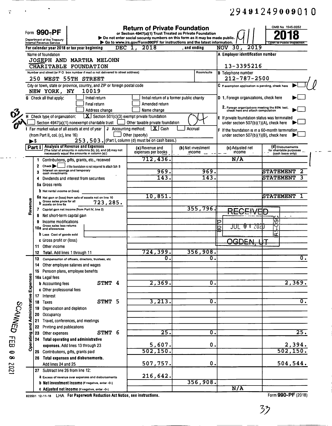 Image of first page of 2018 Form 990PF for Joseph and Martha Melohn Charitable Foundation