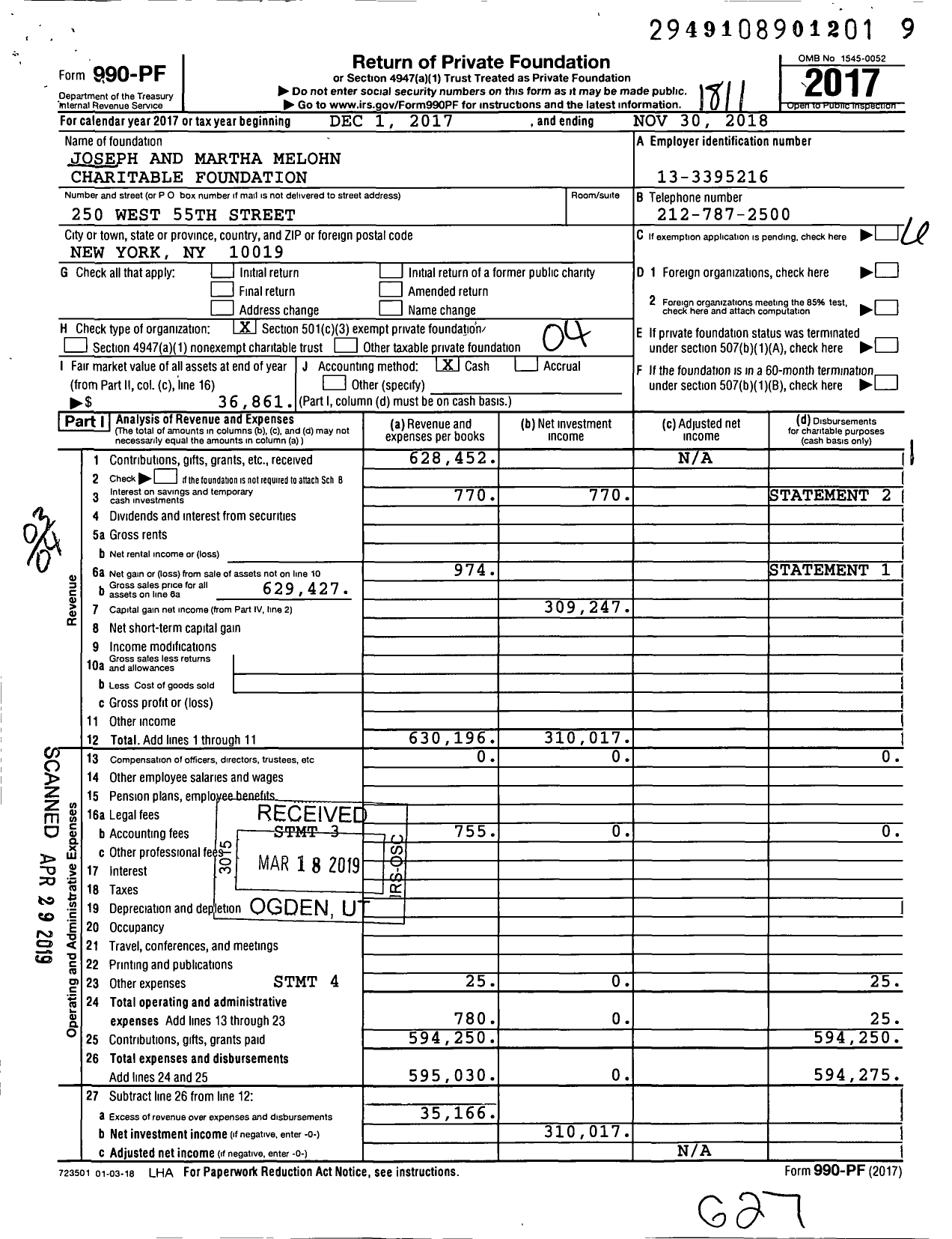 Image of first page of 2017 Form 990PF for Joseph and Martha Melohn Charitable Foundation