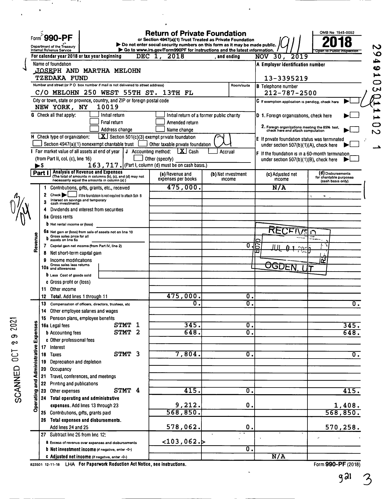 Image of first page of 2018 Form 990PF for Joseph and Martha Melohn Tzedaka Fund