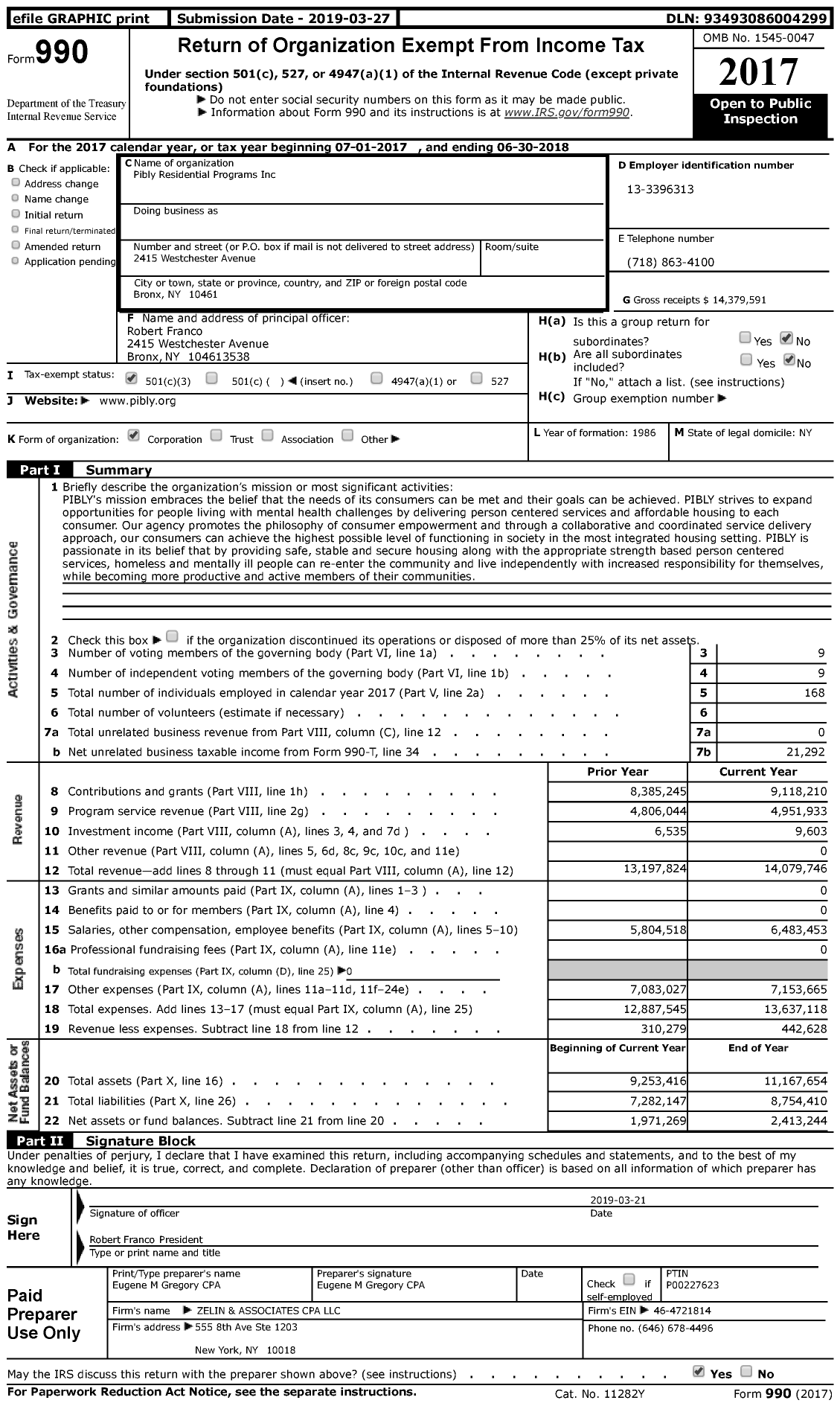 Image of first page of 2017 Form 990 for PIBLY Residential Programs