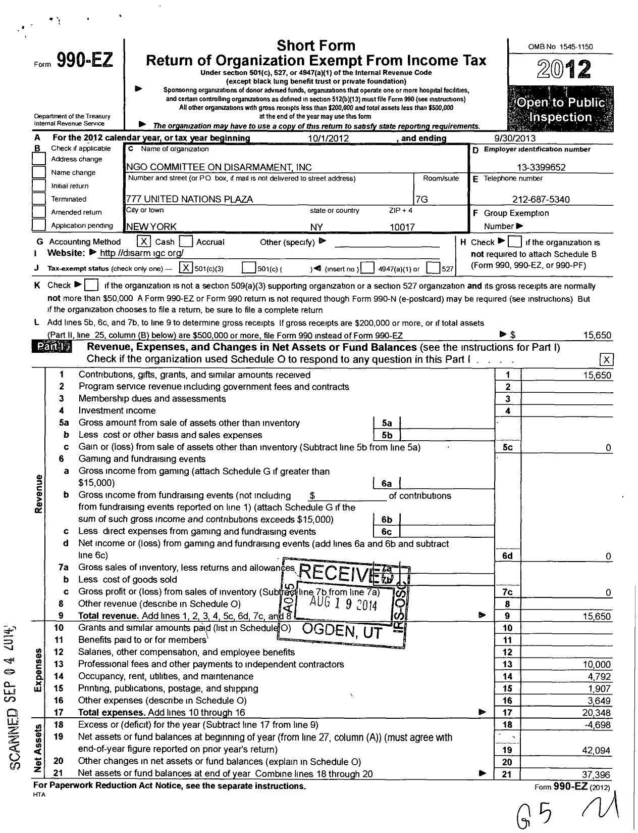 Image of first page of 2012 Form 990EZ for Ngo Committee on Disarmament