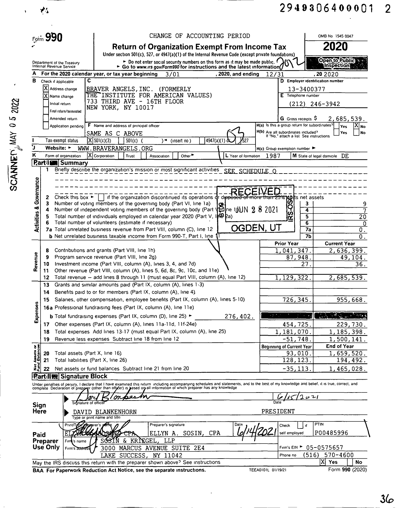 Image of first page of 2020 Form 990 for Braver Angels