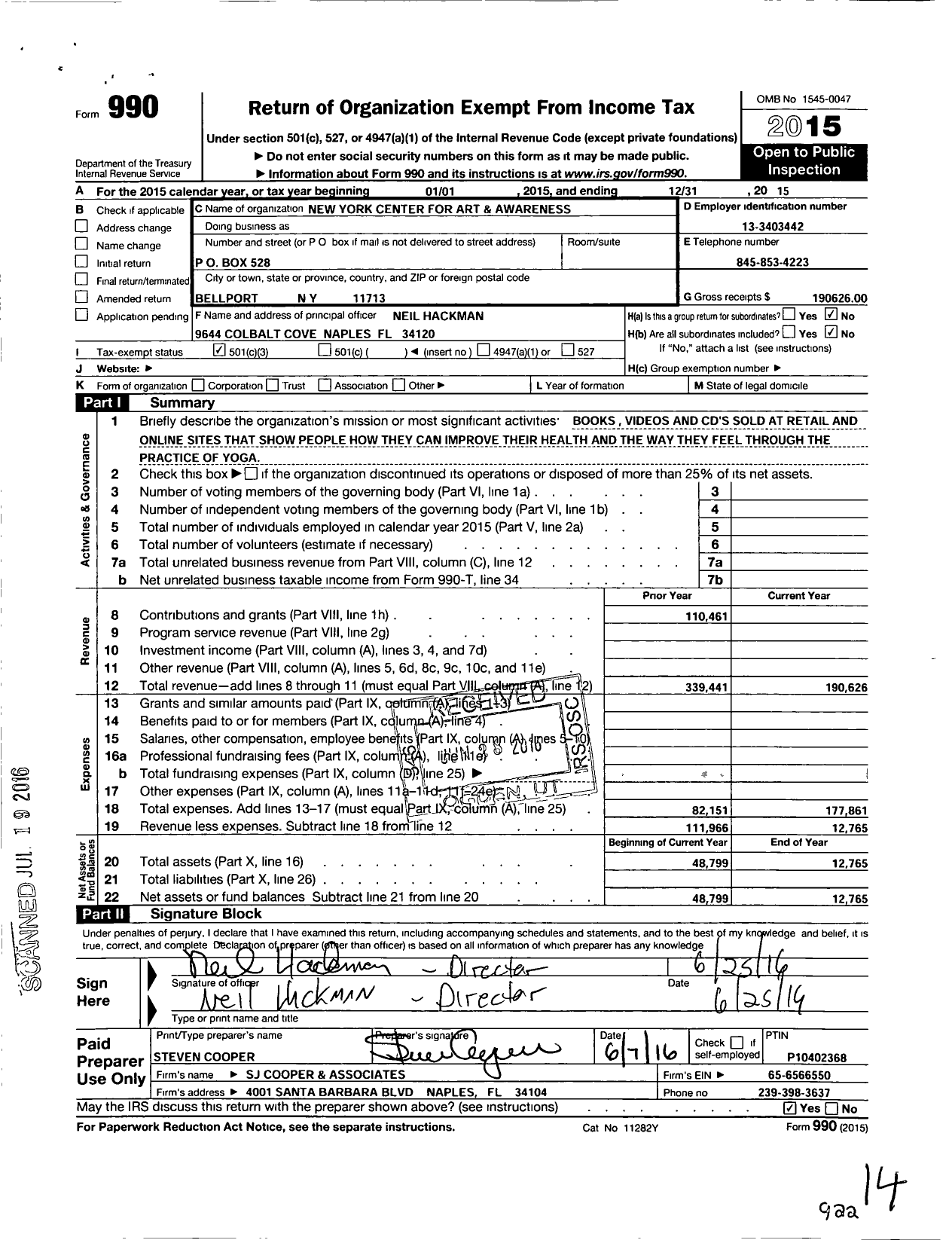 Image of first page of 2015 Form 990 for New York Center for Art and Awareness