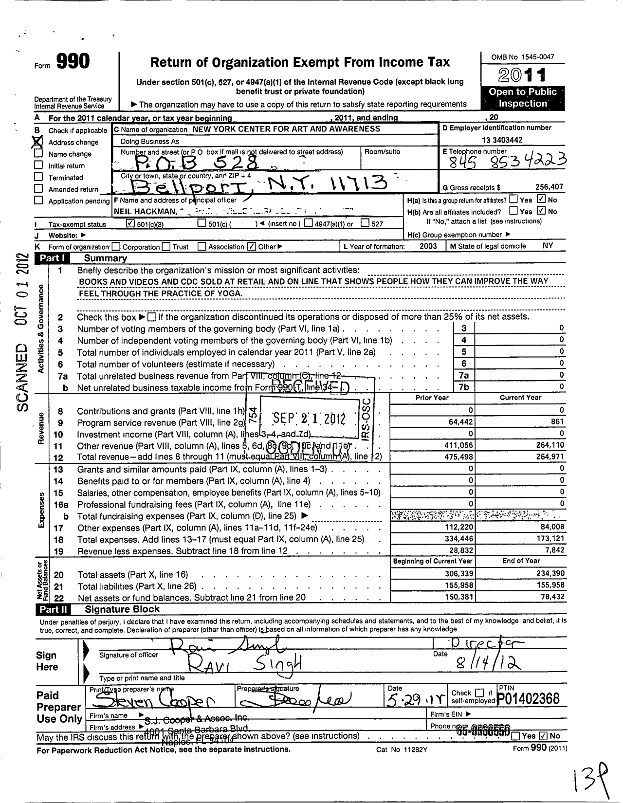 Image of first page of 2011 Form 990 for New York Center for Art and Awareness