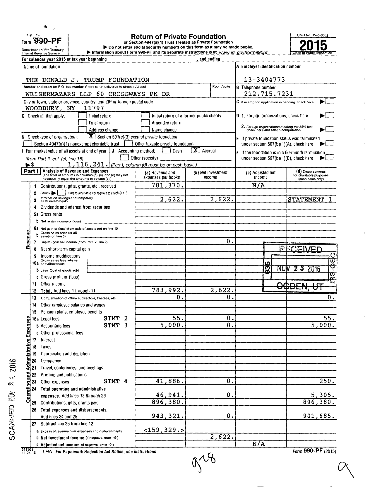 Image of first page of 2015 Form 990PF for The Donald J Trump Foundation