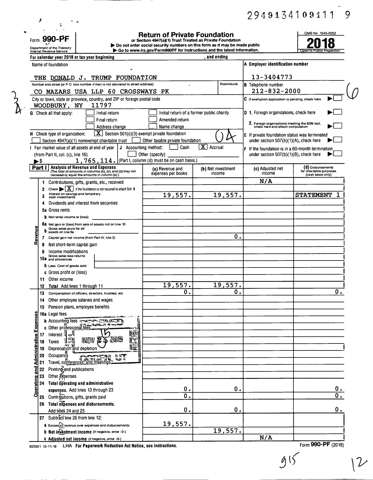 Image of first page of 2018 Form 990PF for The Donald J Trump Foundation