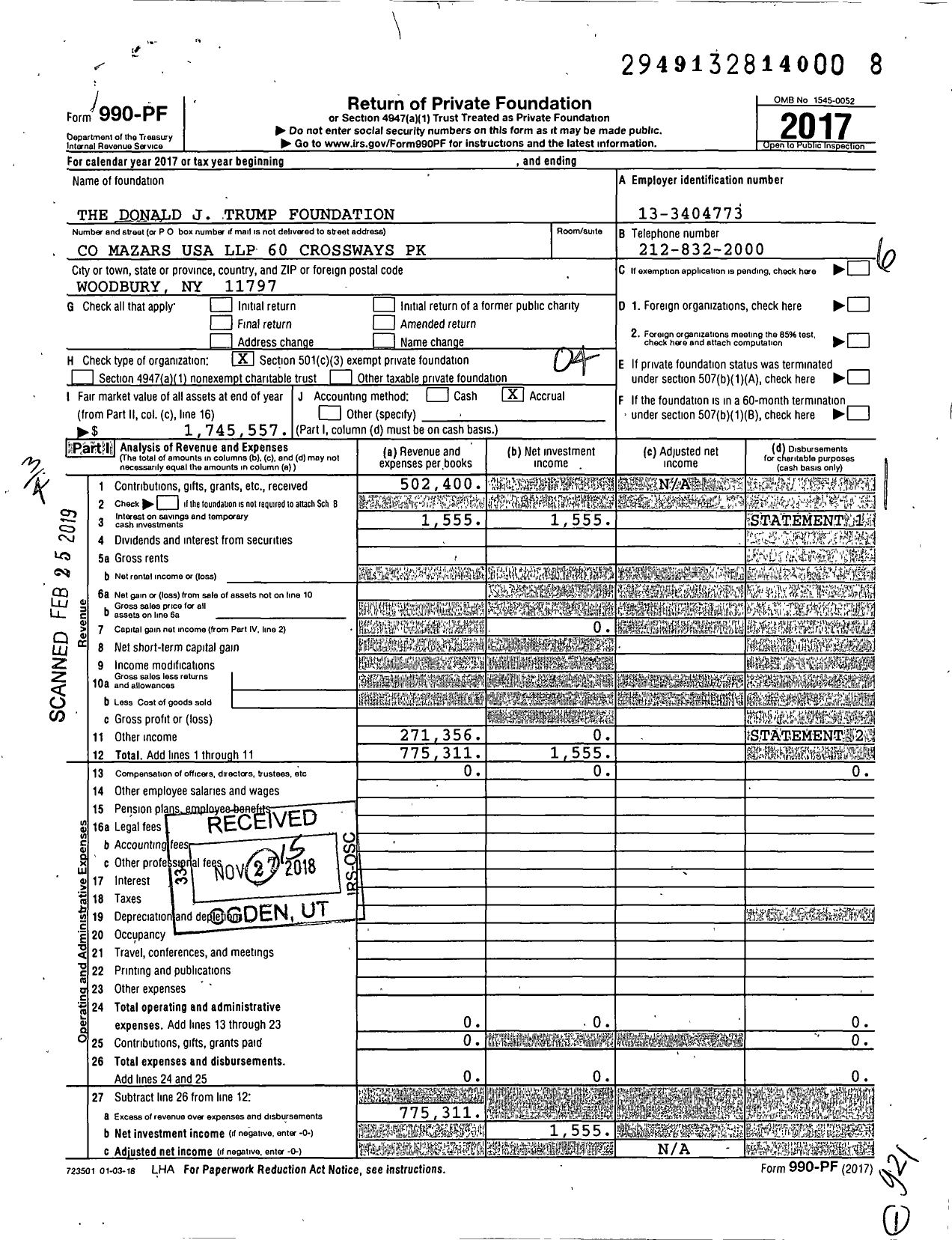 Image of first page of 2017 Form 990PF for The Donald J Trump Foundation