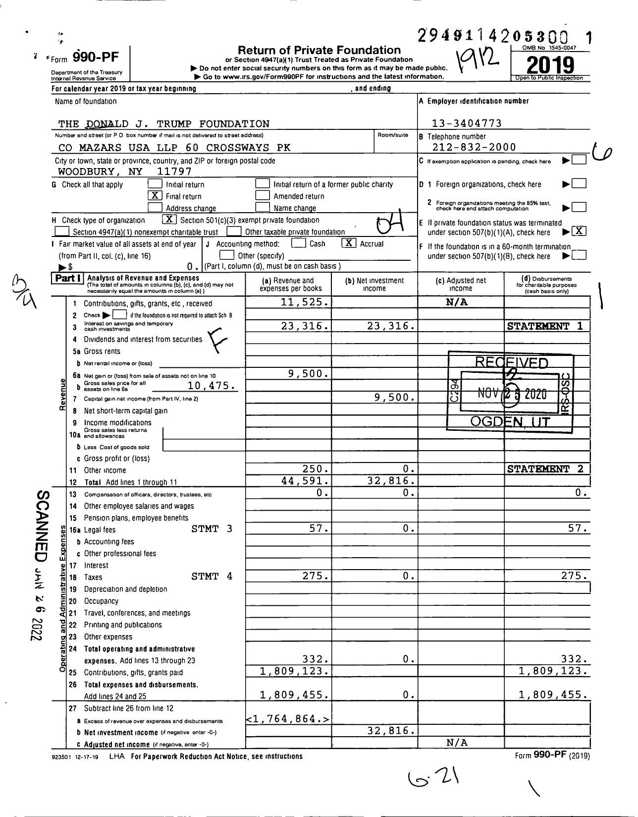 Image of first page of 2019 Form 990PF for The Donald J Trump Foundation