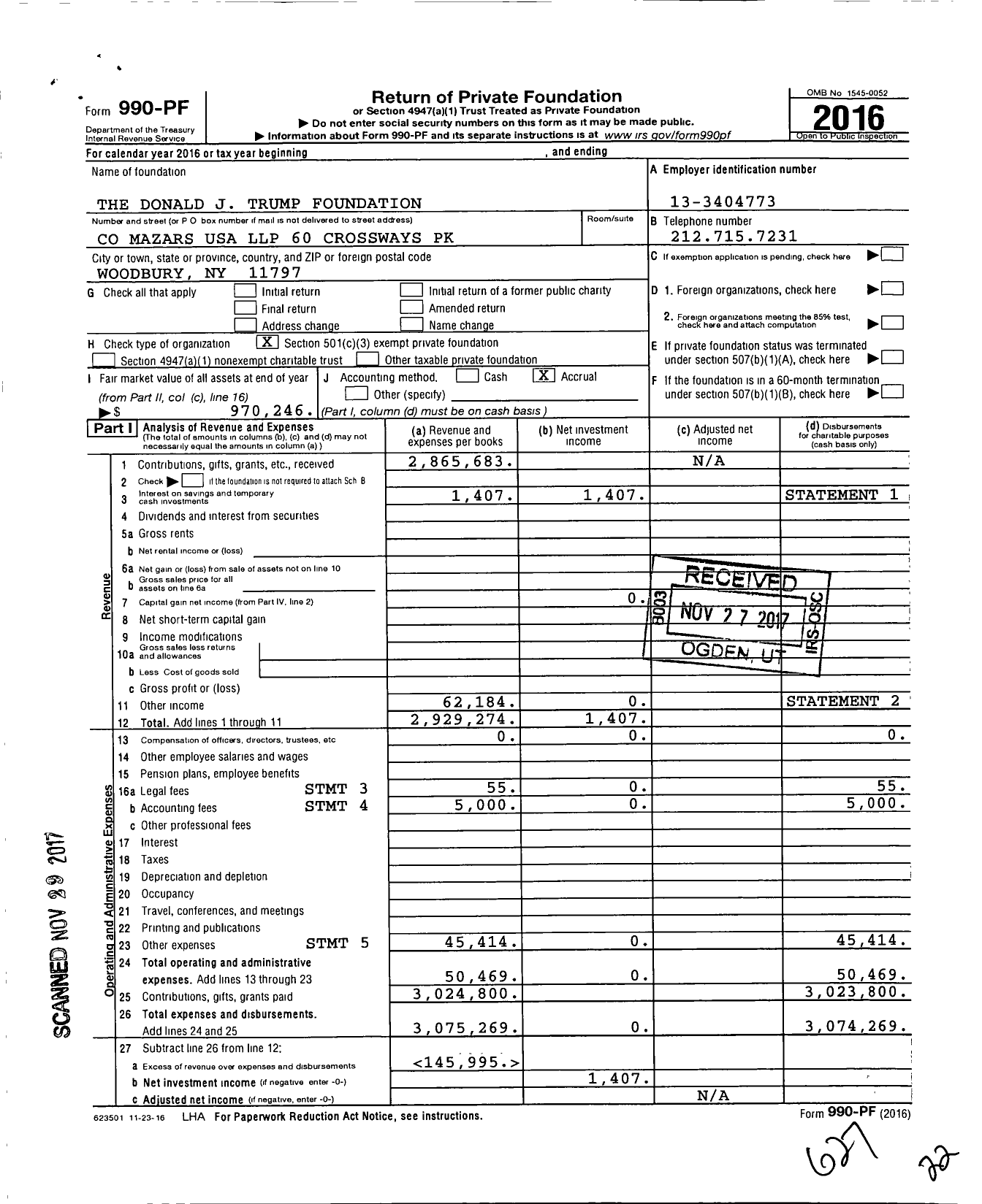 Image of first page of 2016 Form 990PF for The Donald J Trump Foundation