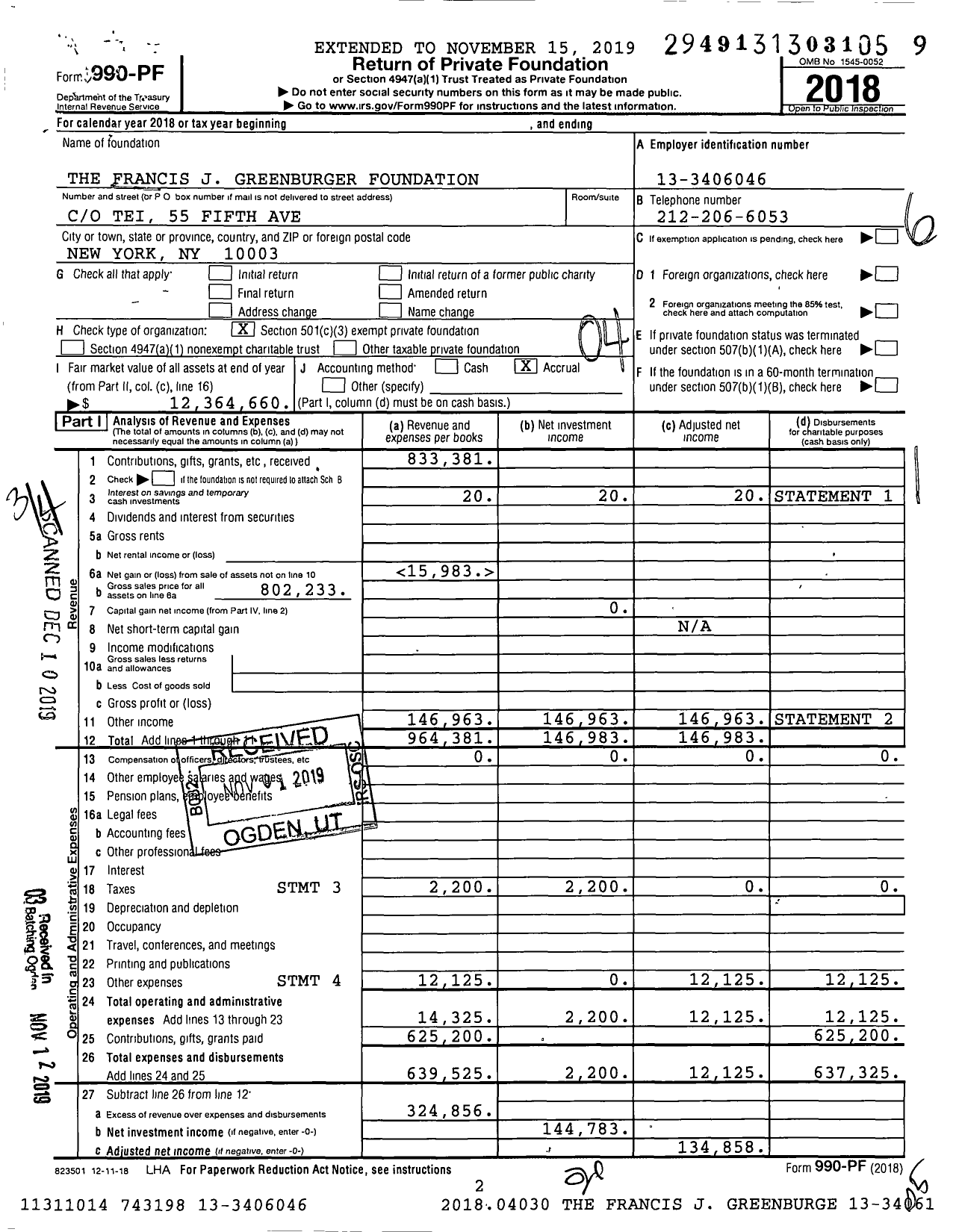 Image of first page of 2018 Form 990PF for The Francis J Greenburger Foundation