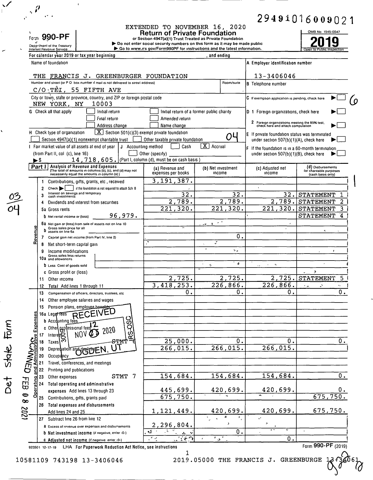 Image of first page of 2019 Form 990PF for The Francis J Greenburger Foundation