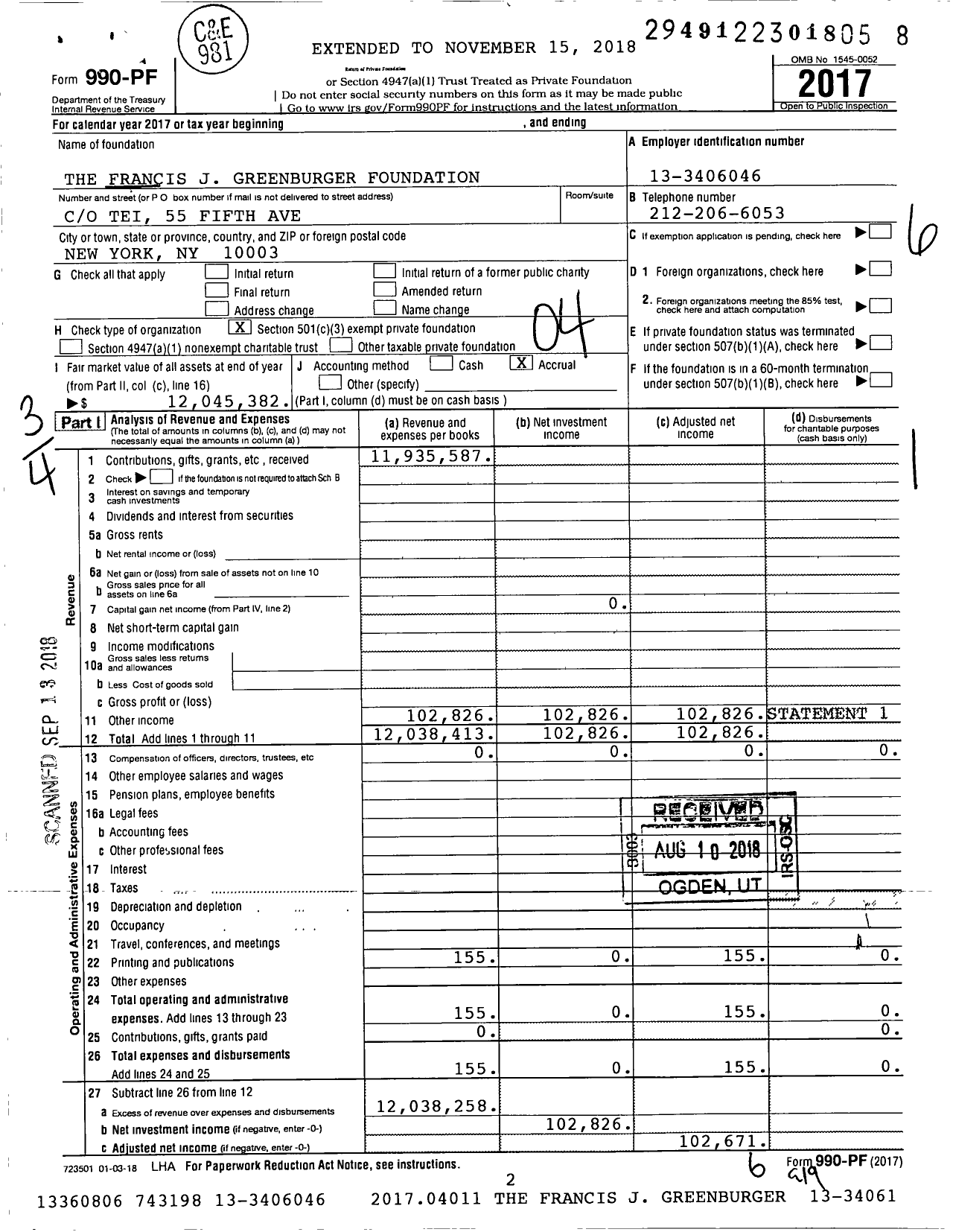 Image of first page of 2017 Form 990PF for The Francis J Greenburger Foundation