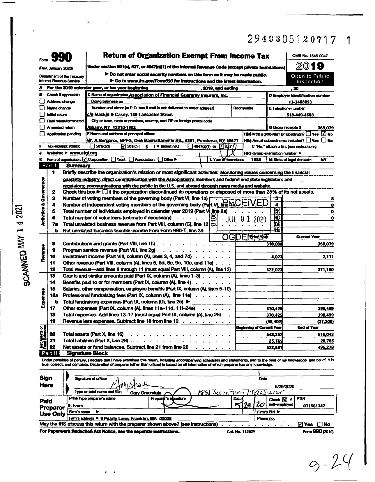 Image of first page of 2019 Form 990O for Association of Financial Guaranty Insurers