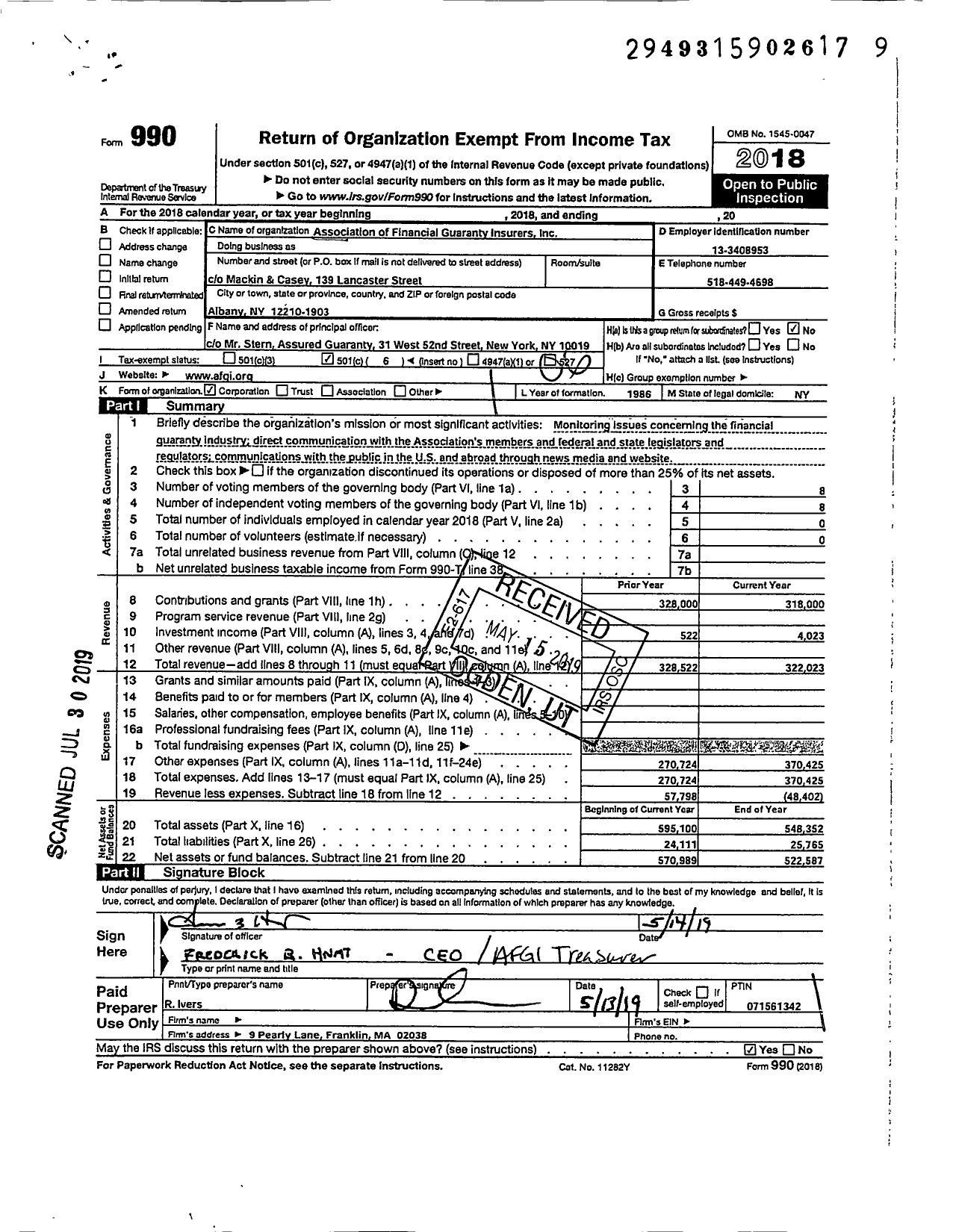 Image of first page of 2018 Form 990O for Association of Financial Guaranty Insurers