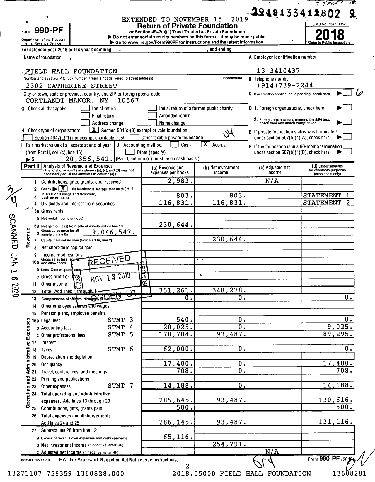 Image of first page of 2018 Form 990PF for Field Hall Foundation