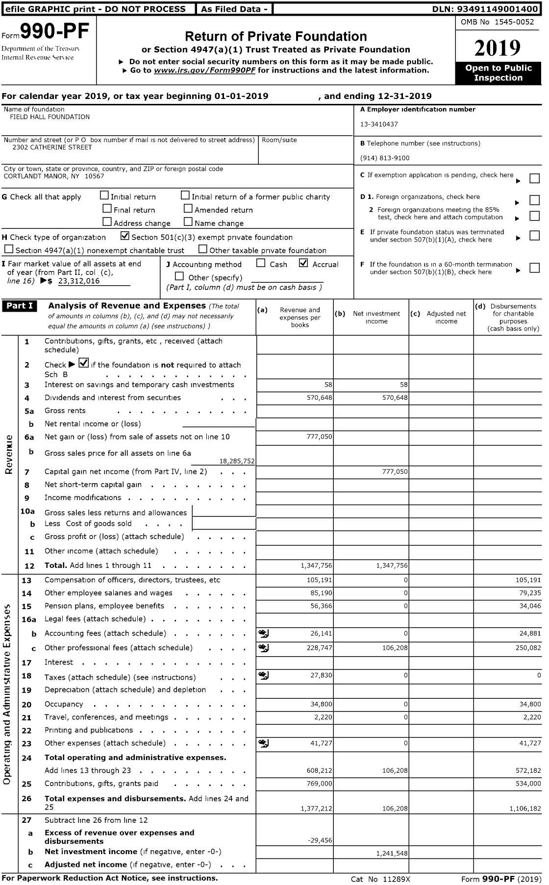 Image of first page of 2019 Form 990PR for Field Hall Foundation
