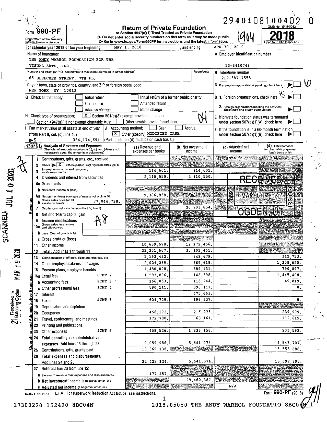 Image of first page of 2018 Form 990PR for Andy Warhol Foundation for the Visual Arts