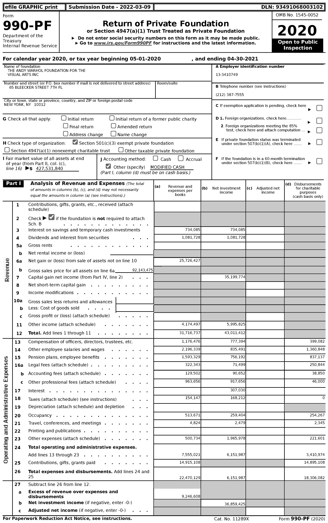 Image of first page of 2020 Form 990PF for Andy Warhol Foundation for the Visual Arts