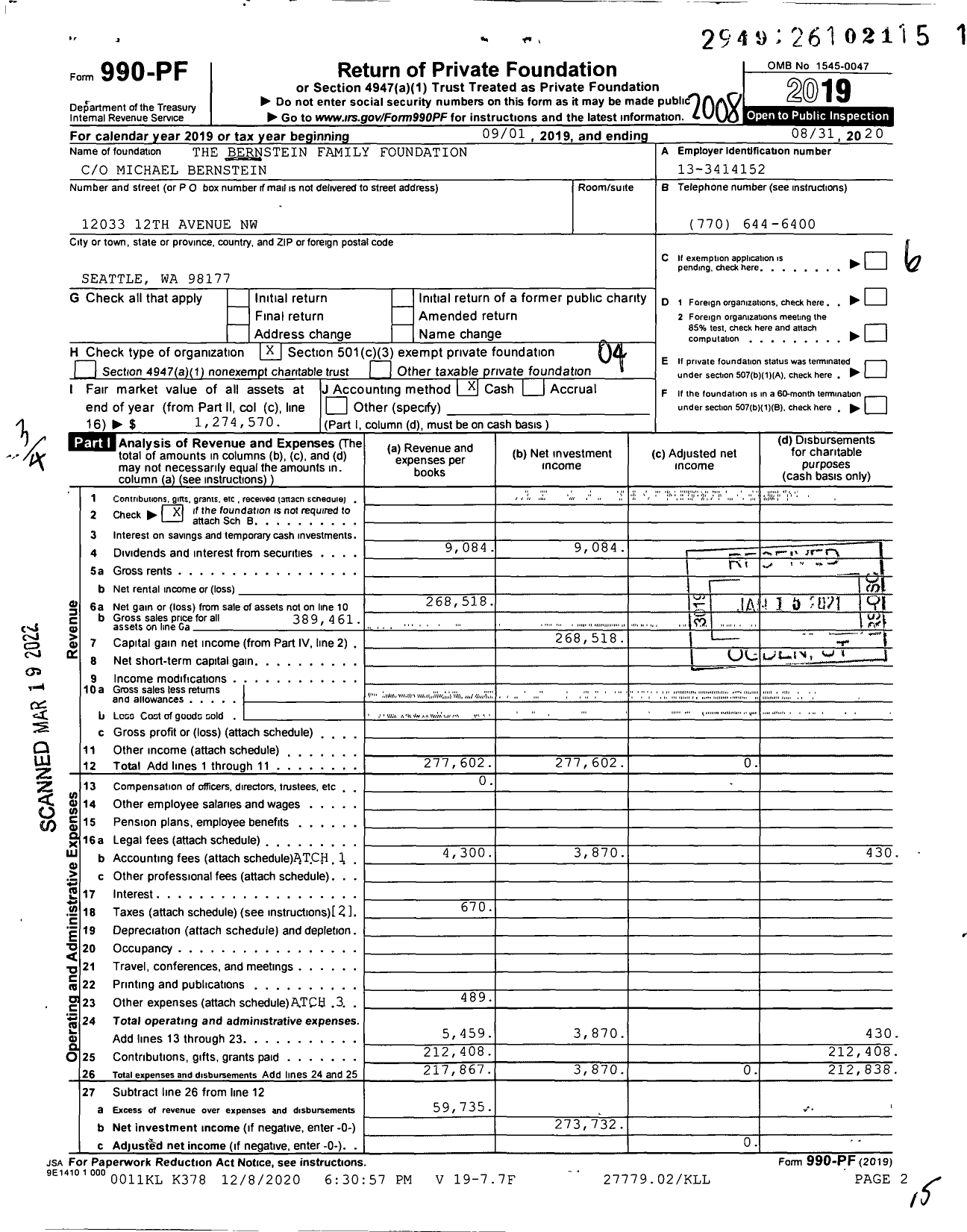 Image of first page of 2019 Form 990PF for The Bernstein Family Foundation