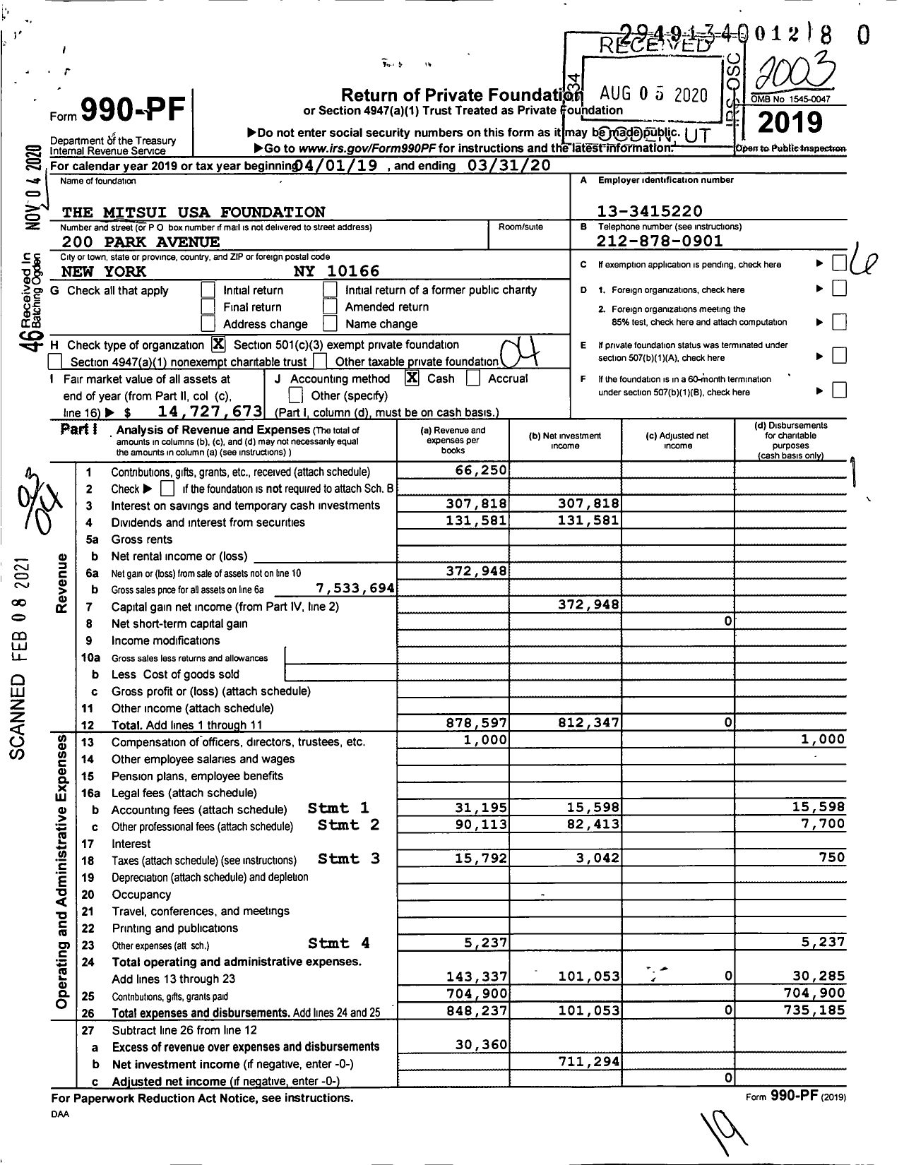 Image of first page of 2019 Form 990PF for The Mitsui USA Foundation