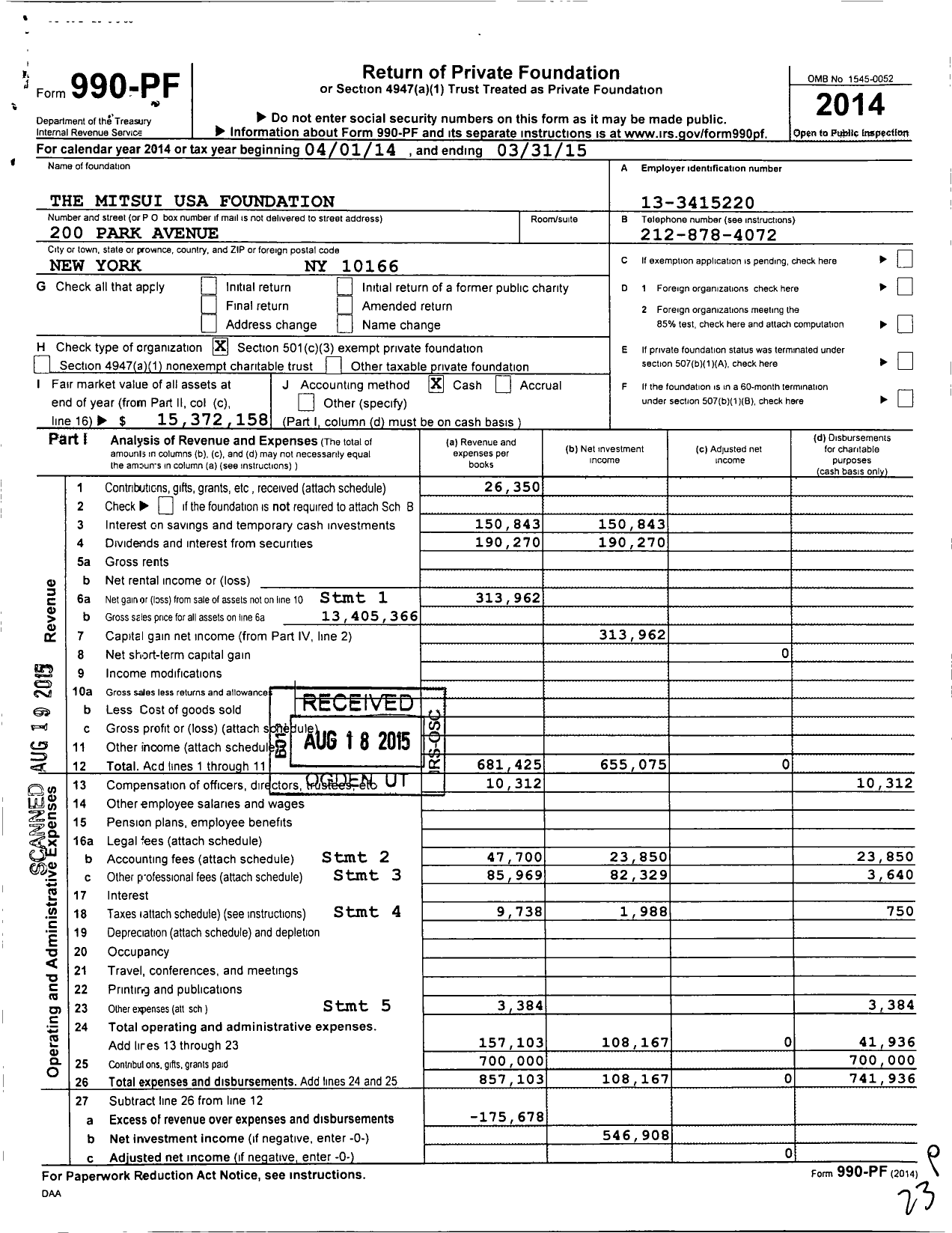 Image of first page of 2014 Form 990PF for The Mitsui USA Foundation