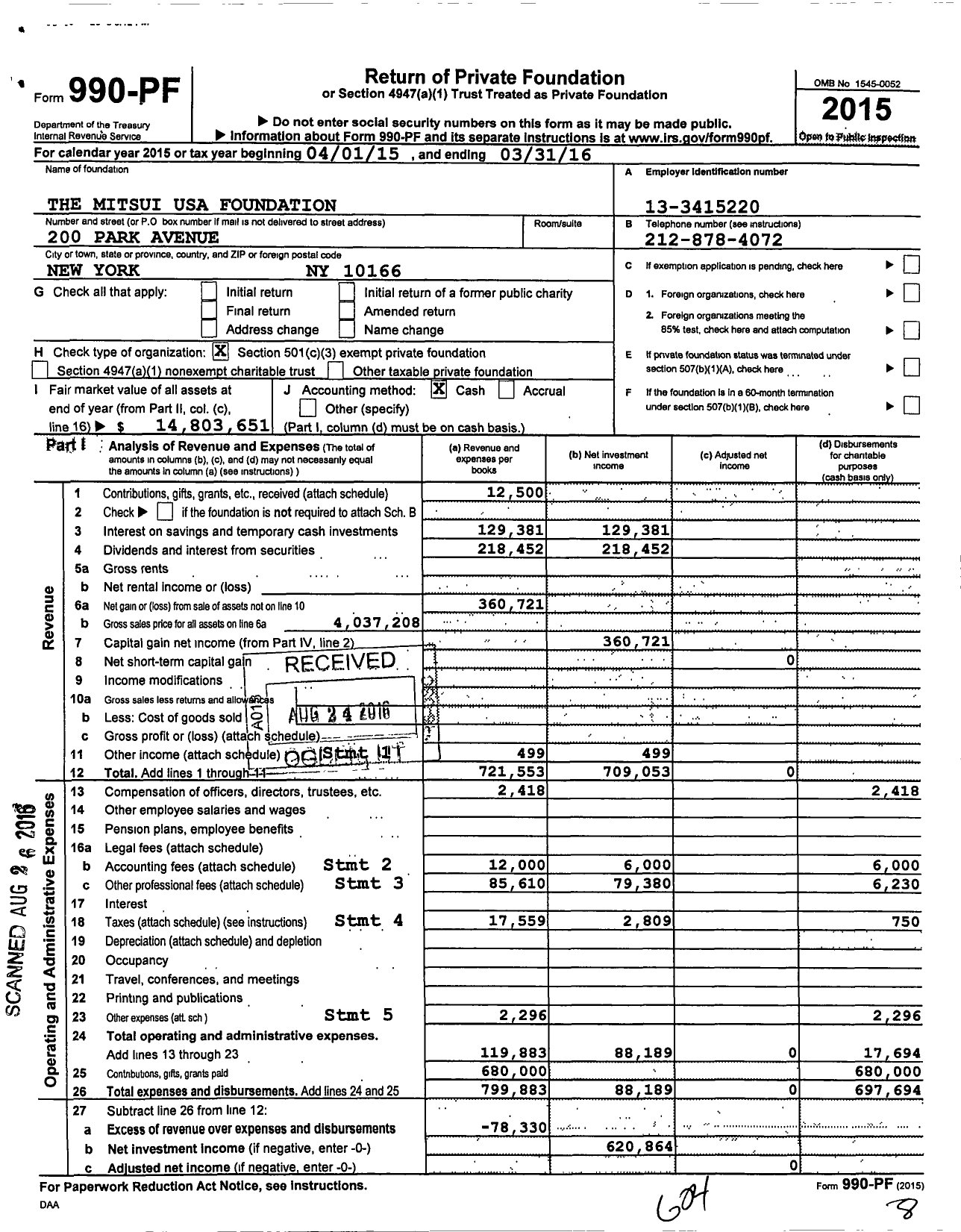 Image of first page of 2015 Form 990PF for The Mitsui USA Foundation