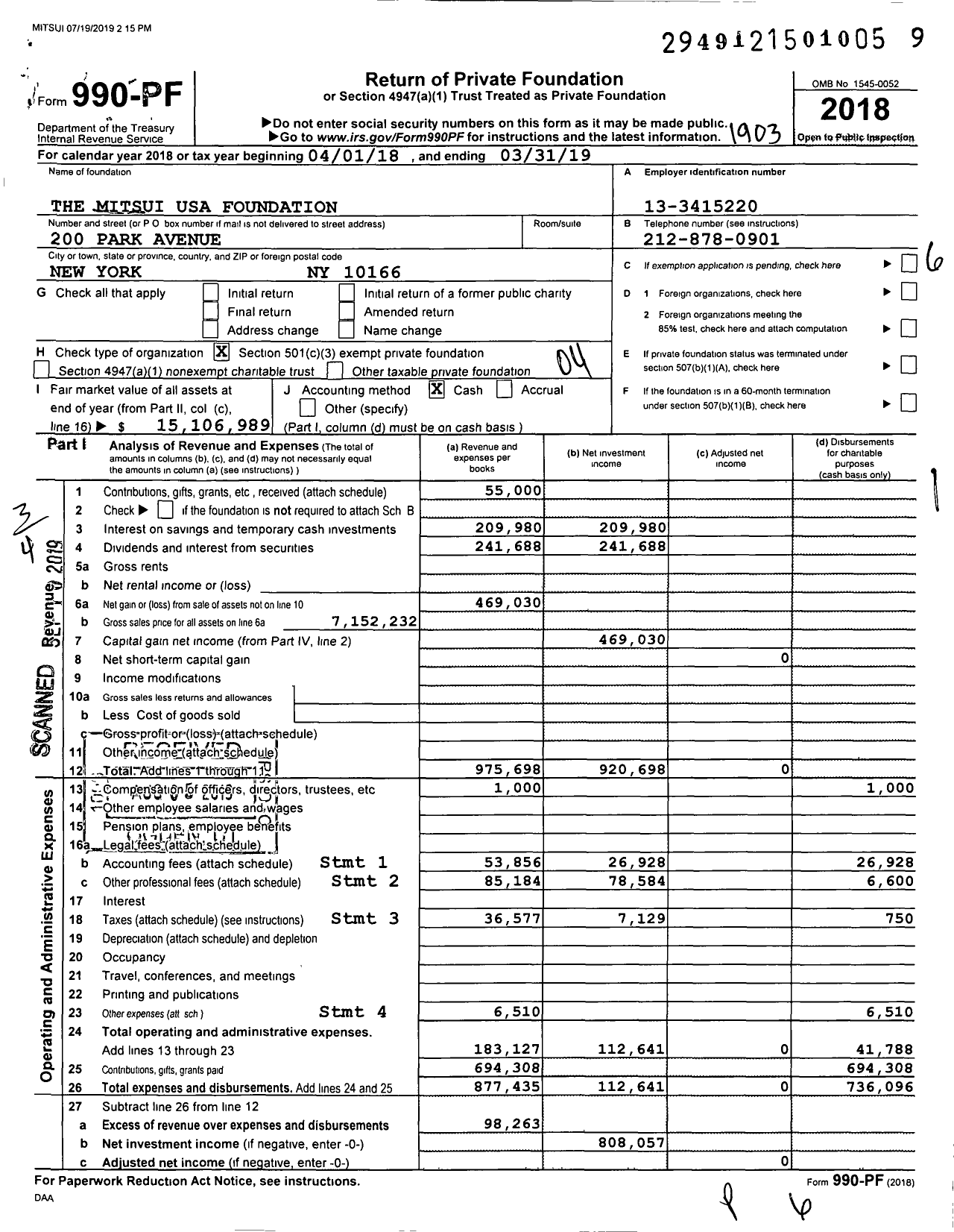 Image of first page of 2018 Form 990PF for The Mitsui USA Foundation