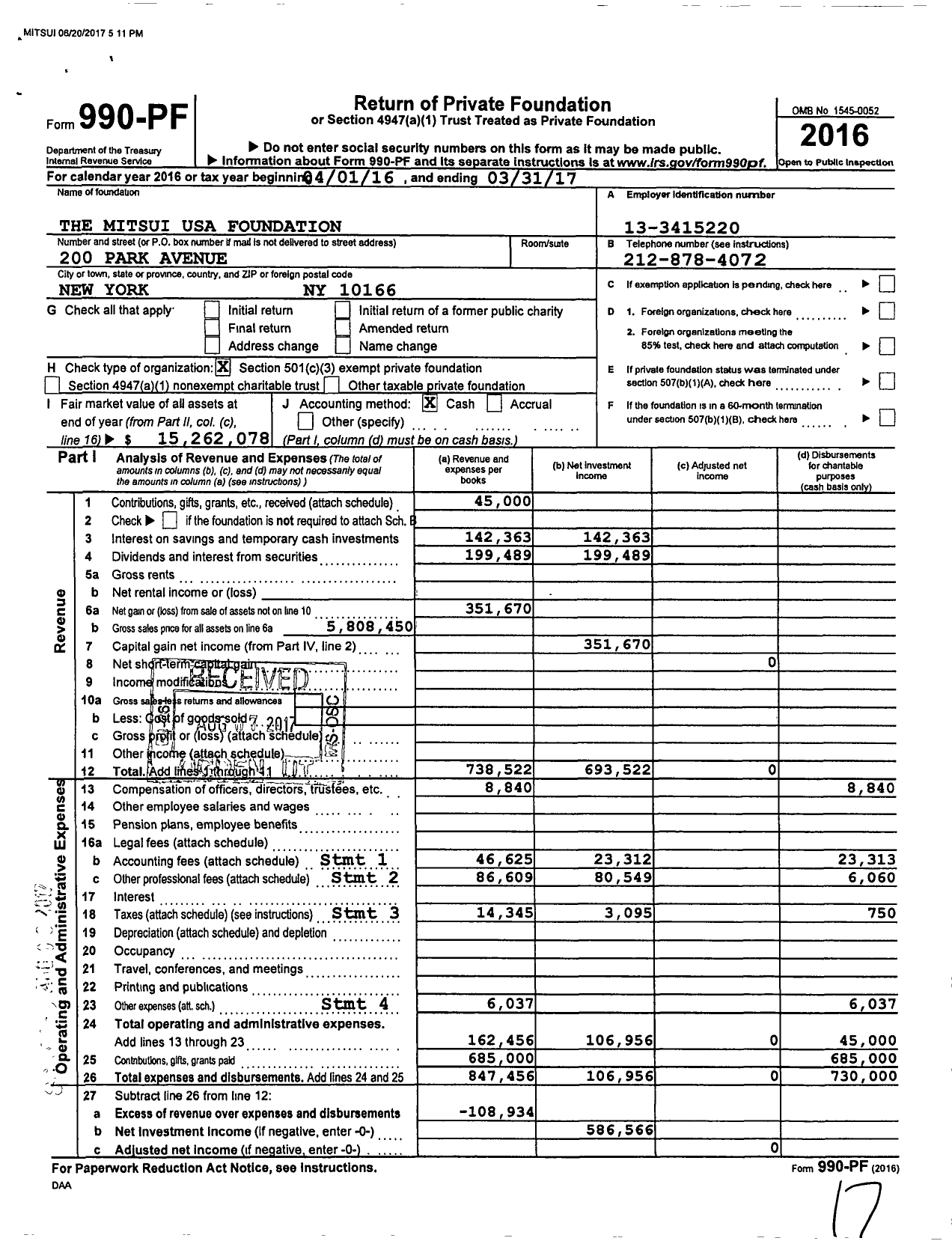Image of first page of 2016 Form 990PF for The Mitsui USA Foundation