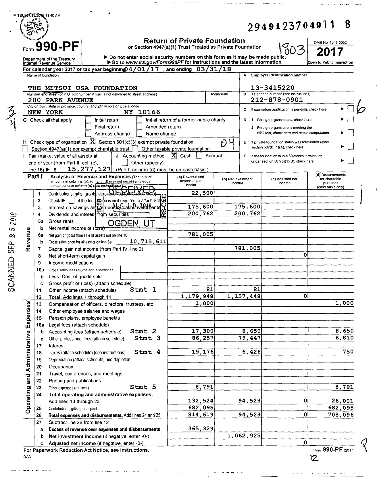 Image of first page of 2017 Form 990PF for The Mitsui USA Foundation