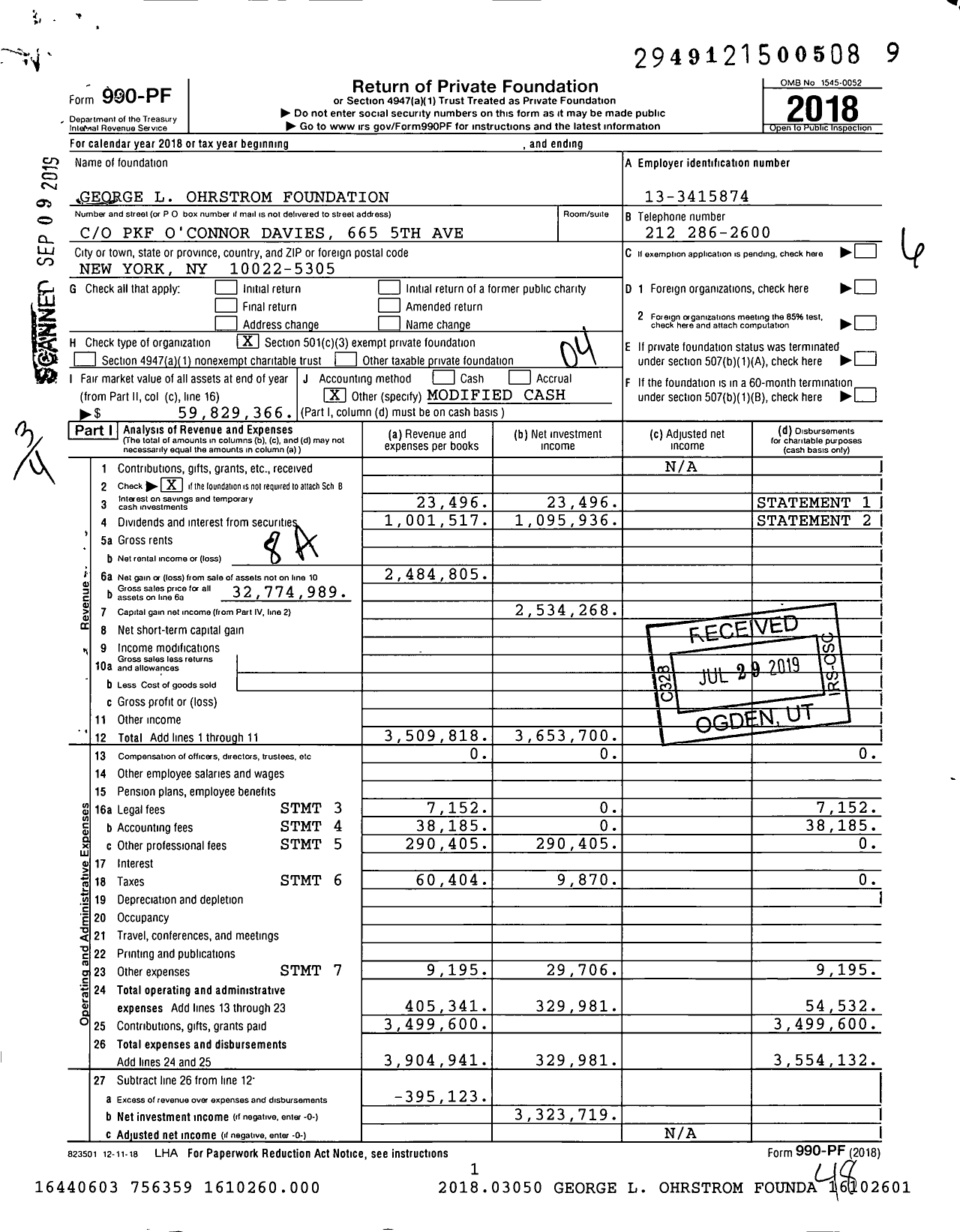 Image of first page of 2018 Form 990PF for George L. Ohrstrom JR. Foundation