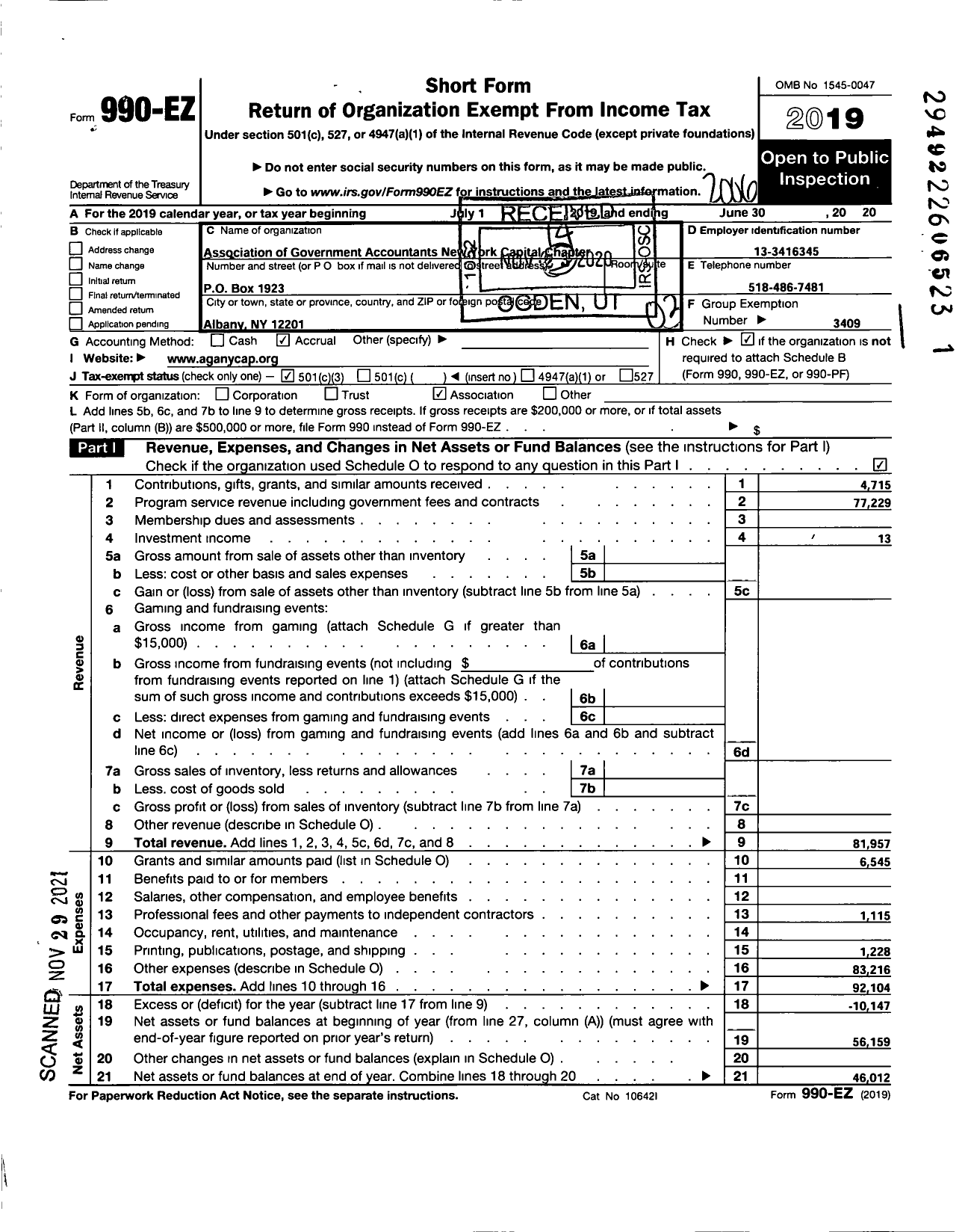 Image of first page of 2019 Form 990EZ for Association of Government Accountants Ny Capital Chapter