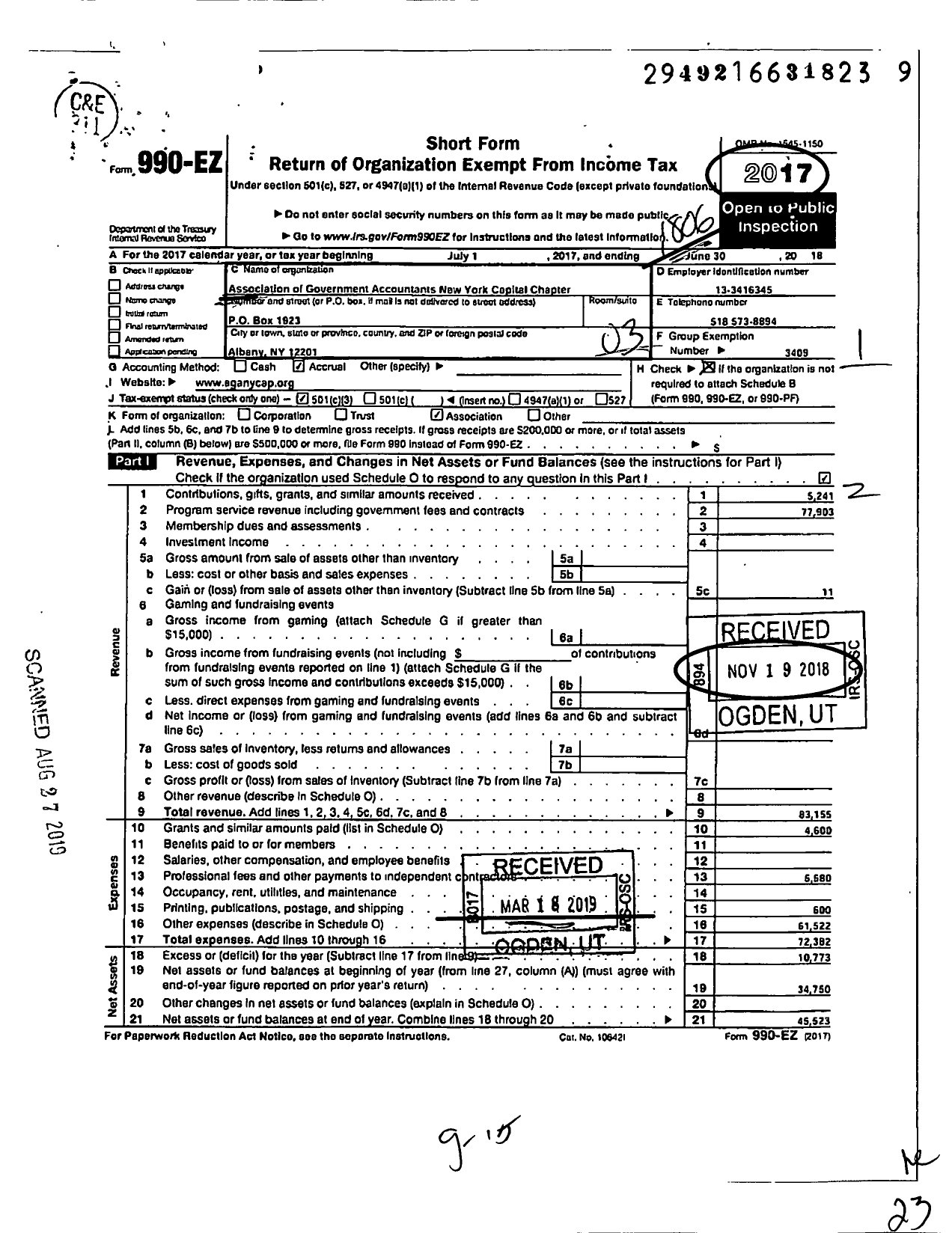 Image of first page of 2017 Form 990EZ for Association of Government Accountants Ny Capital Chapter