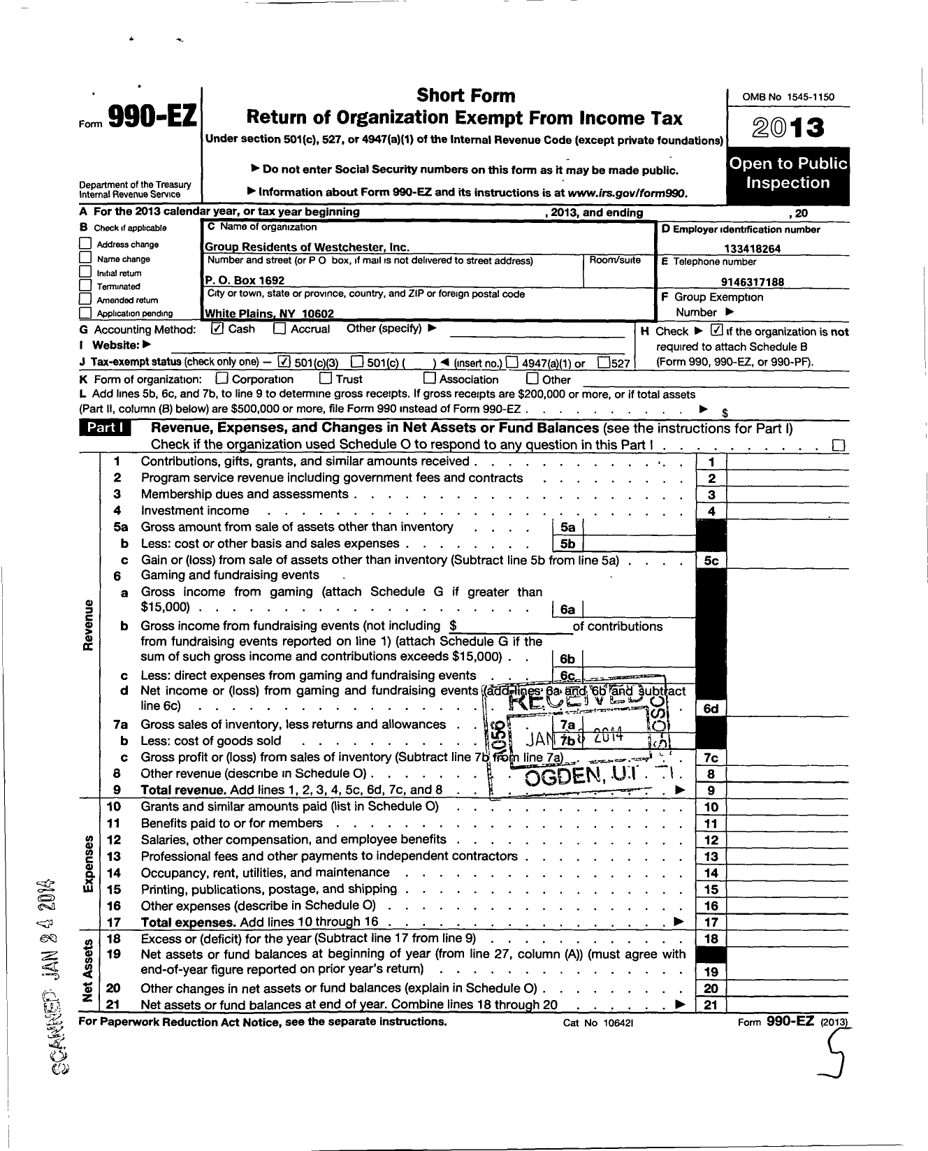 Image of first page of 2013 Form 990EZ for Group Residents of Westchester