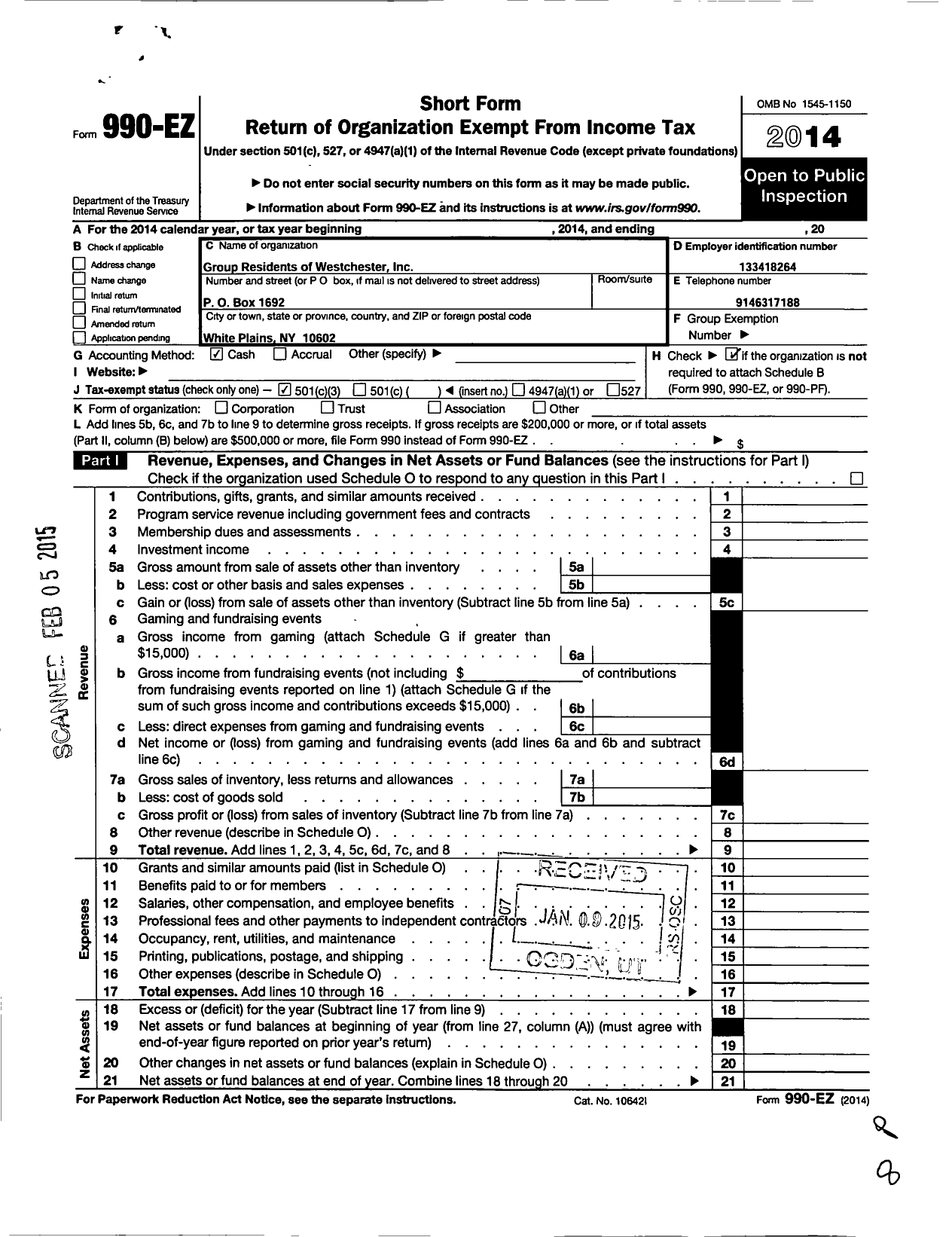 Image of first page of 2014 Form 990EZ for Group Residents of Westchester