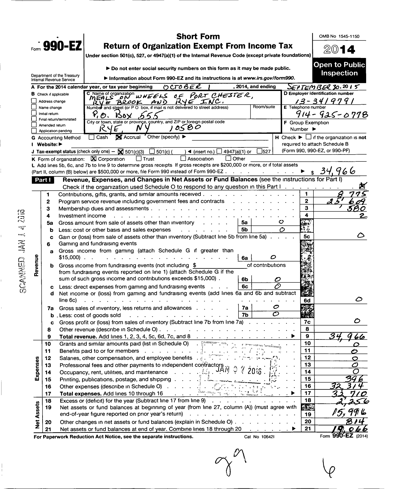 Image of first page of 2014 Form 990EZ for Meals on Wheels of Port Chester Rye Brook Rye