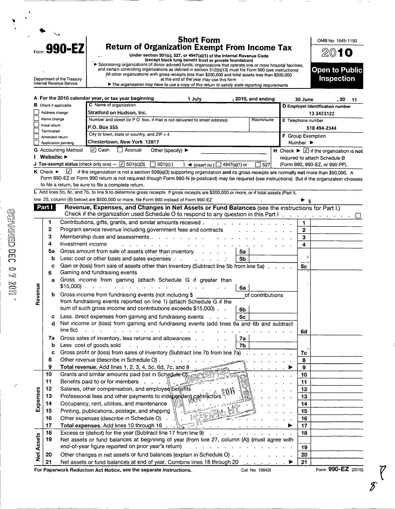 Image of first page of 2010 Form 990EZ for Stratford on Hudson