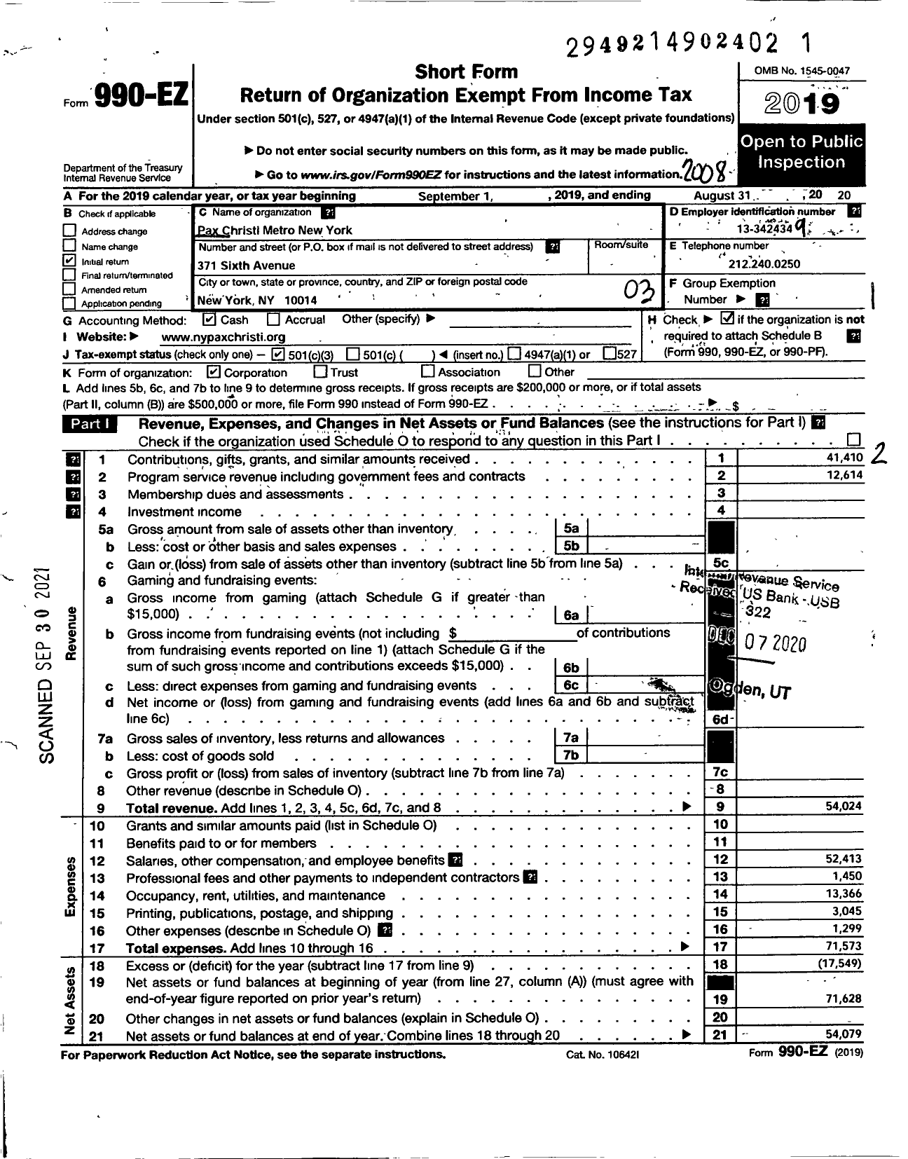 Image of first page of 2019 Form 990EZ for Pax Christi Metro New York