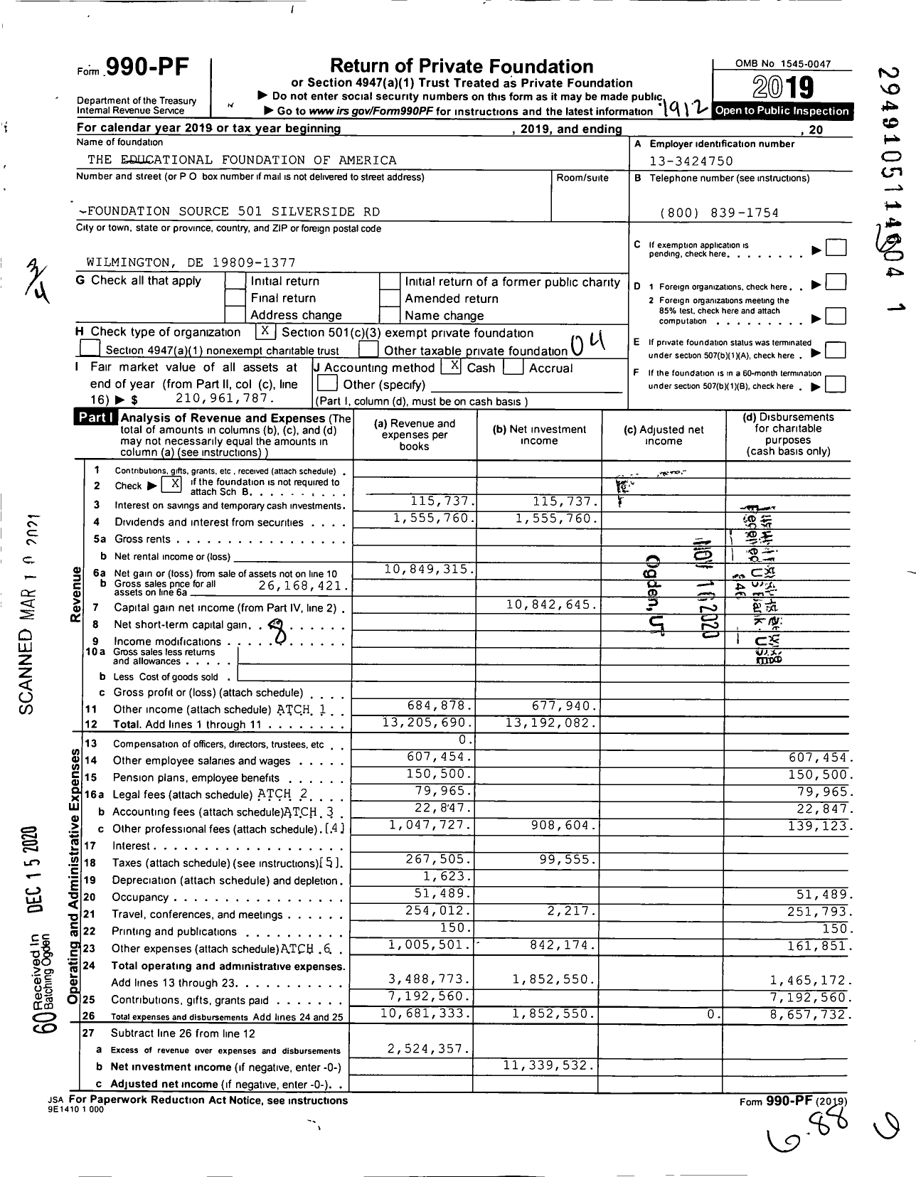 Image of first page of 2019 Form 990PF for Educational Foundation of America (EFA)