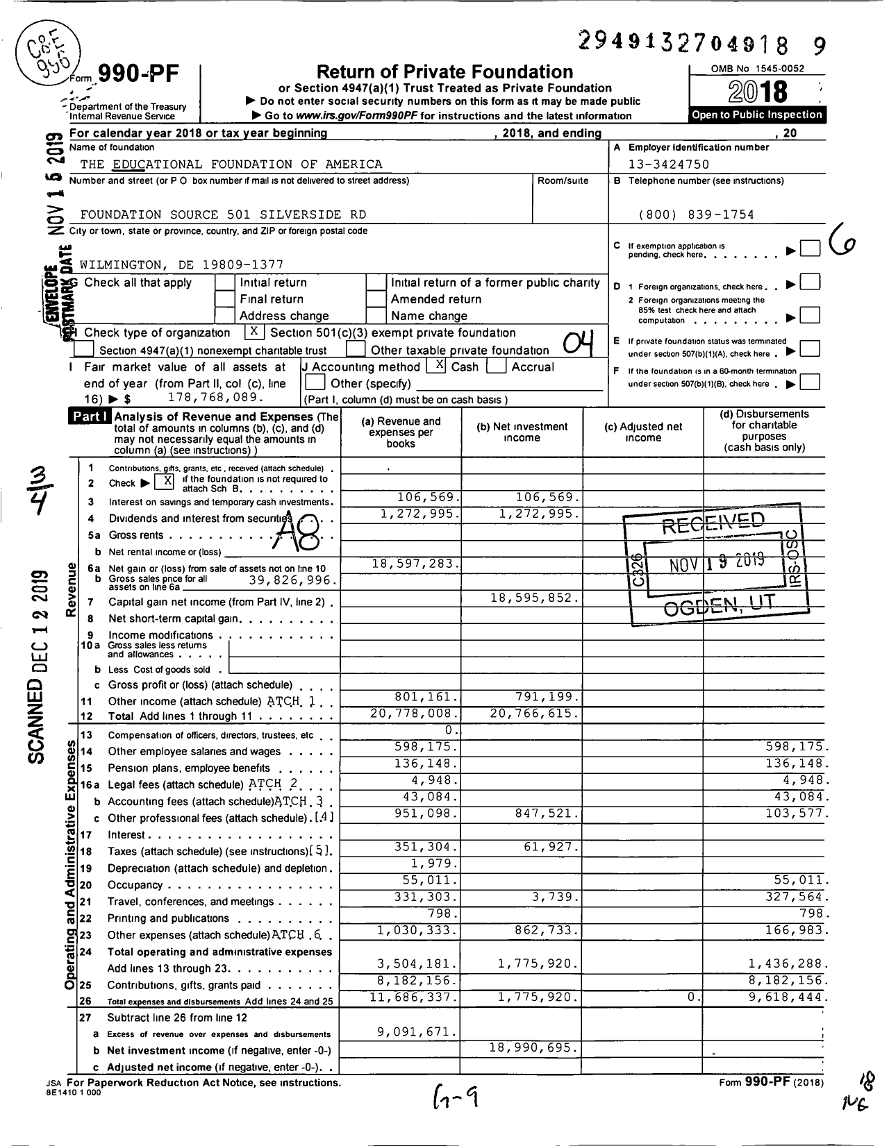 Image of first page of 2018 Form 990PF for The Educational Foundation of America (EFA)