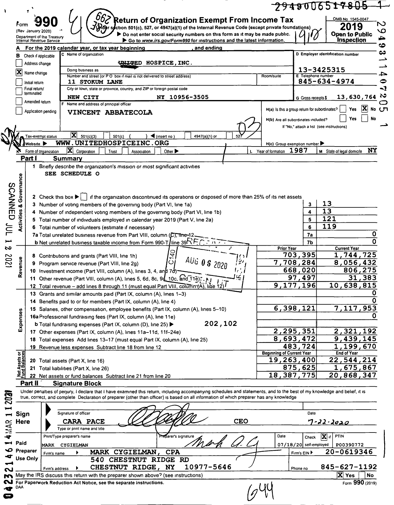 Image of first page of 2019 Form 990 for United Hospice