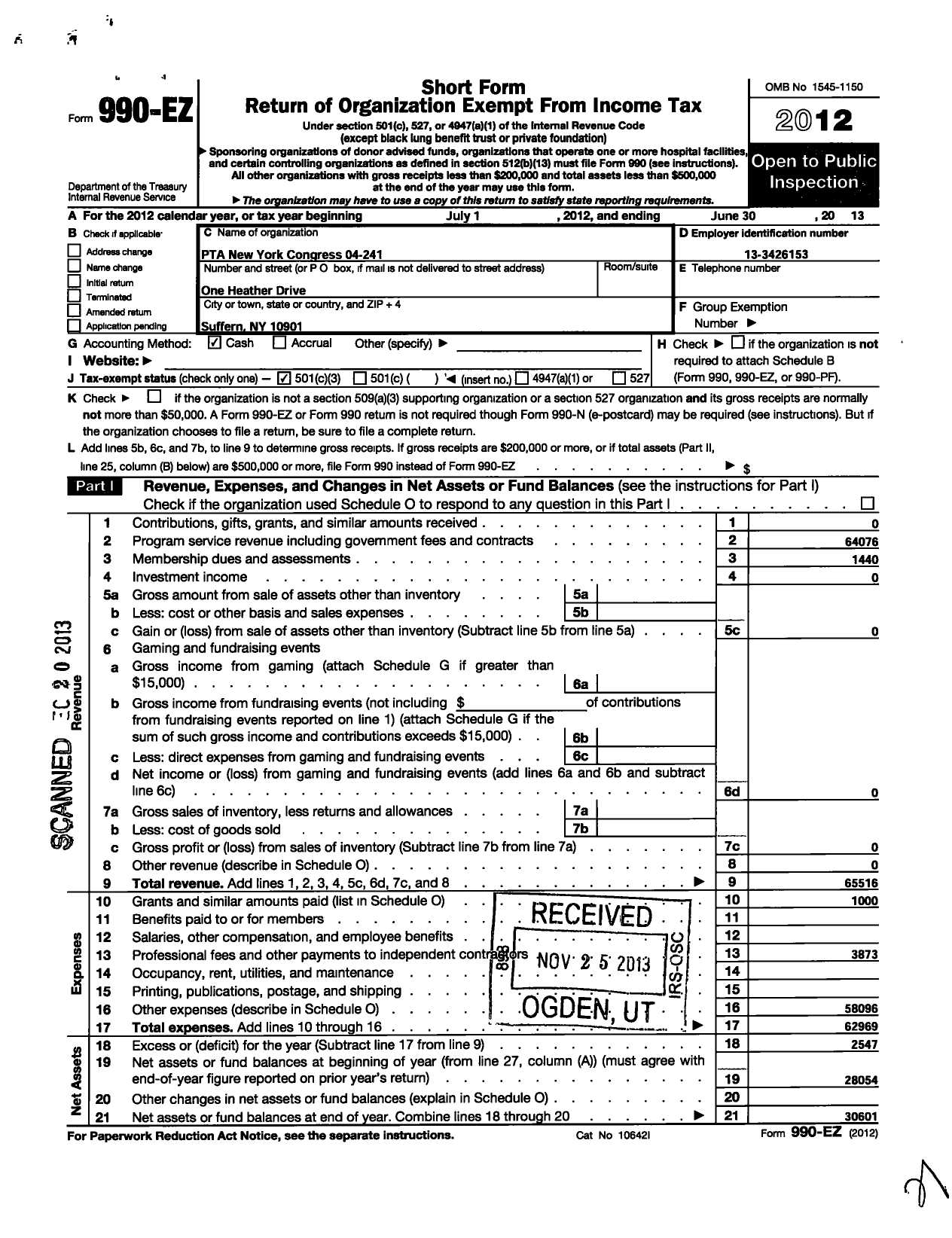 Image of first page of 2012 Form 990EZ for New York State PTA - 04-241 Cherry Lane PTA