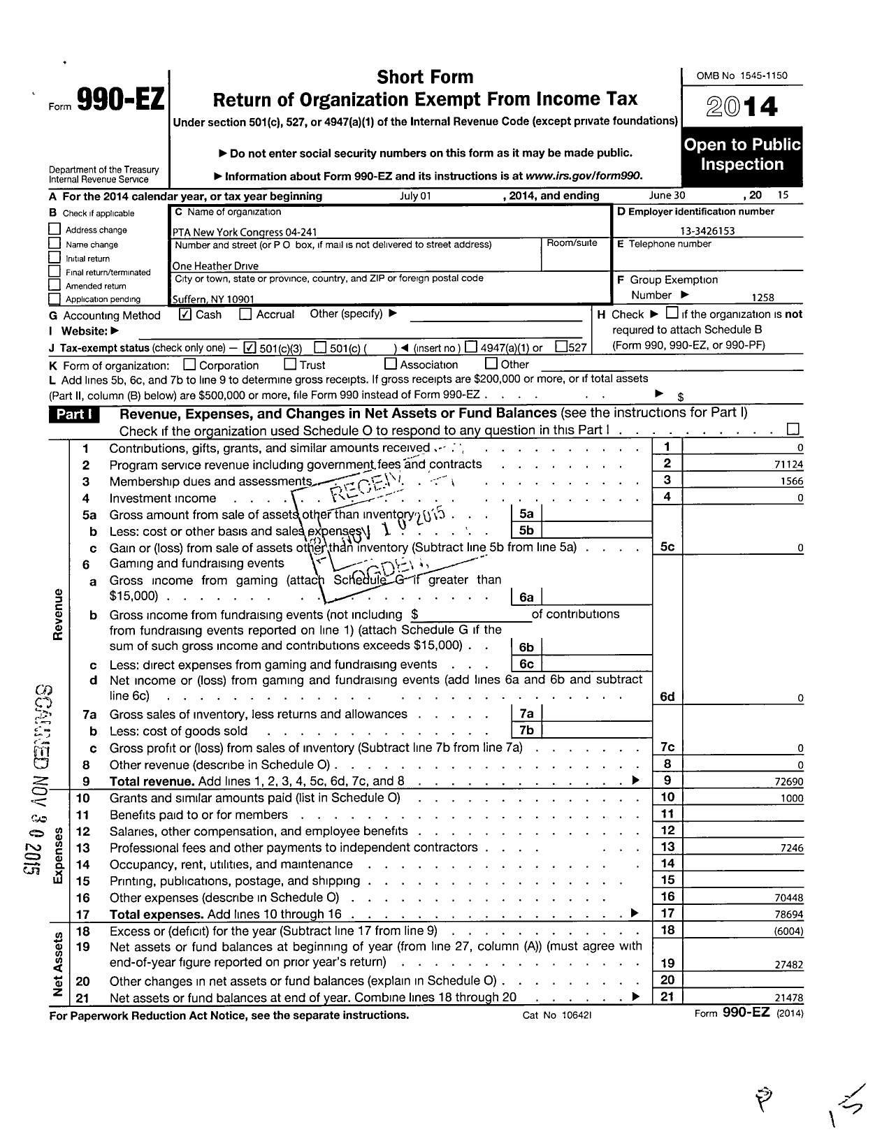 Image of first page of 2014 Form 990EZ for New York State PTA - 04-241 Cherry Lane PTA