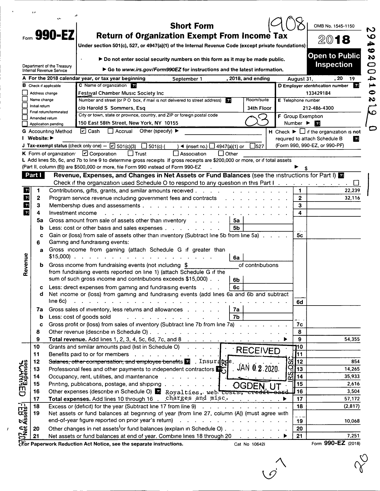 Image of first page of 2018 Form 990EZ for Festival Chamber Music Society