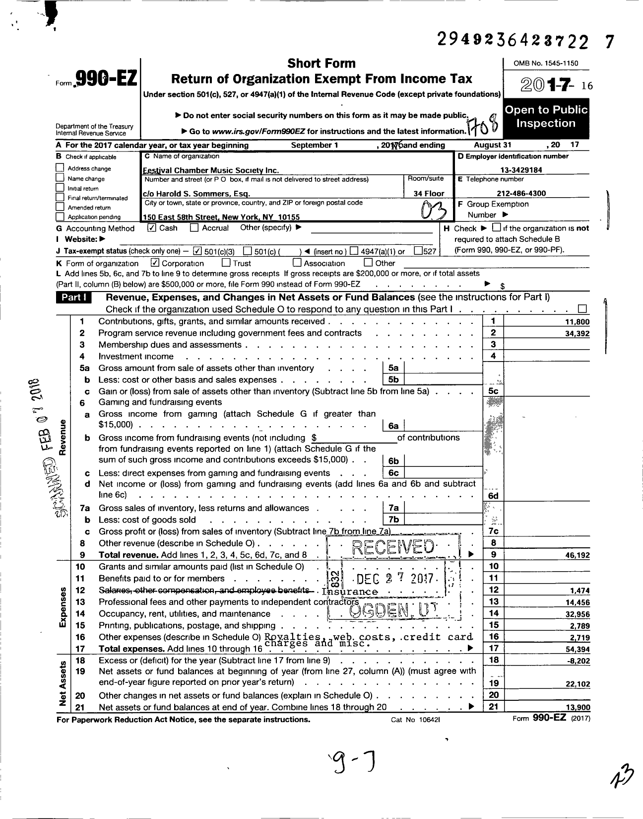 Image of first page of 2016 Form 990EZ for Festival Chamber Music Society