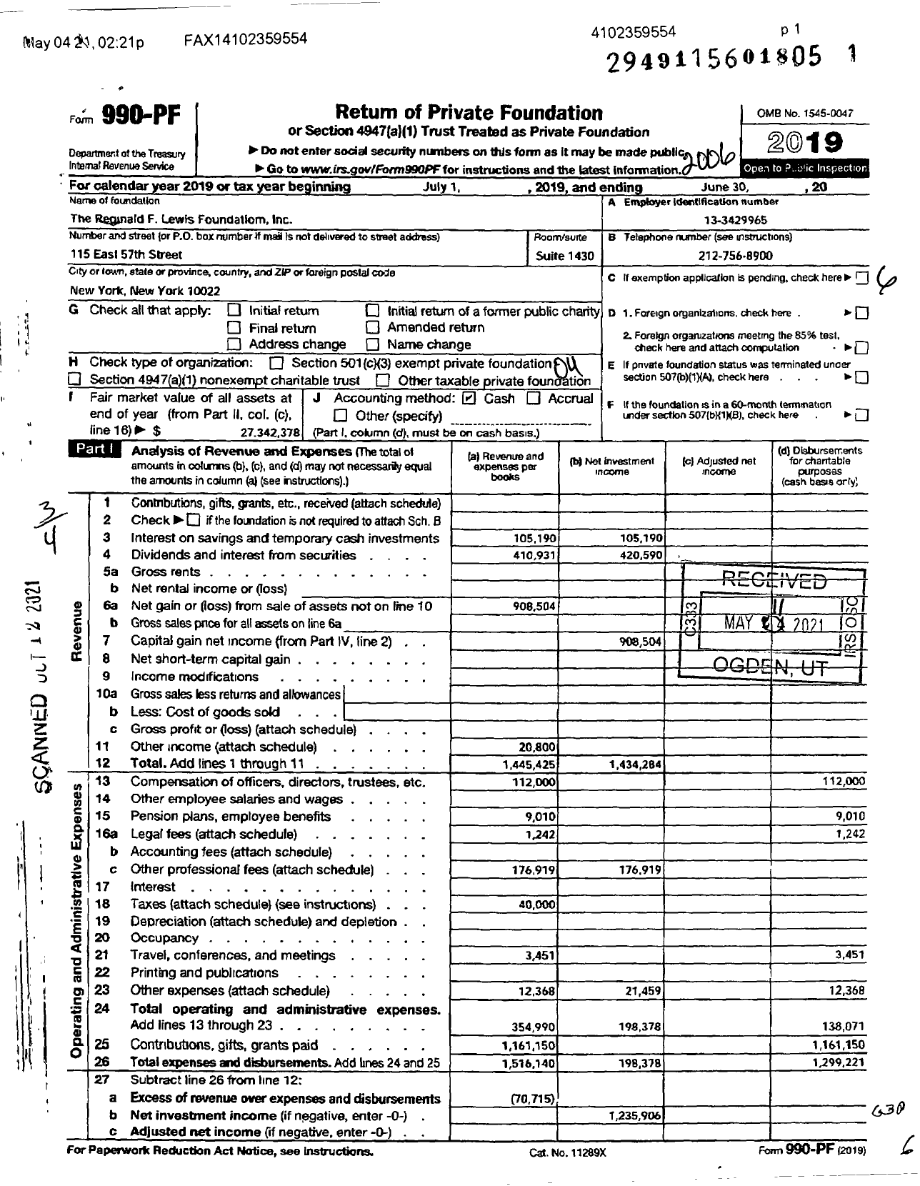 Image of first page of 2019 Form 990PF for The Reginald F Lewis Foundation