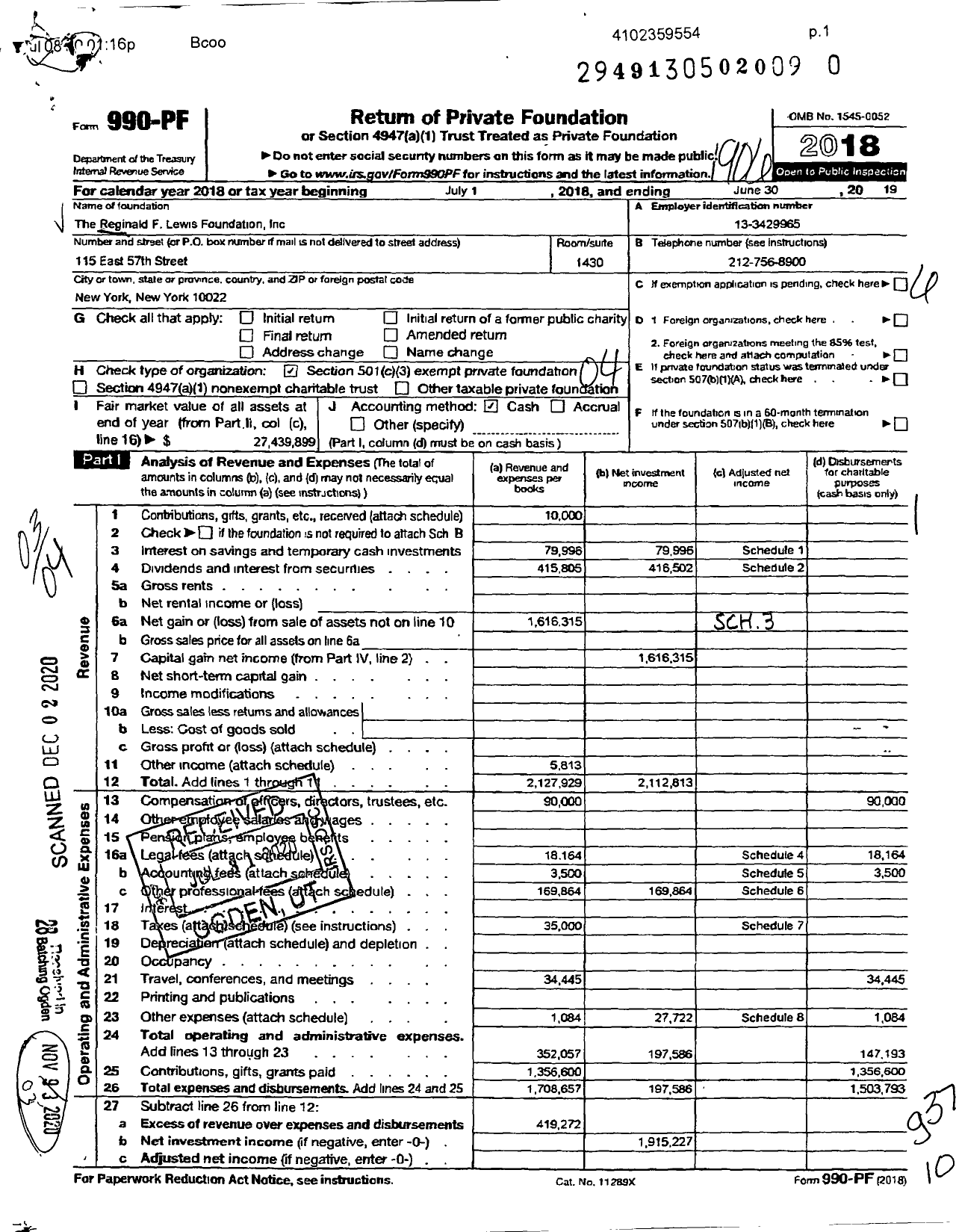 Image of first page of 2018 Form 990PF for The Reginald F Lewis Foundation