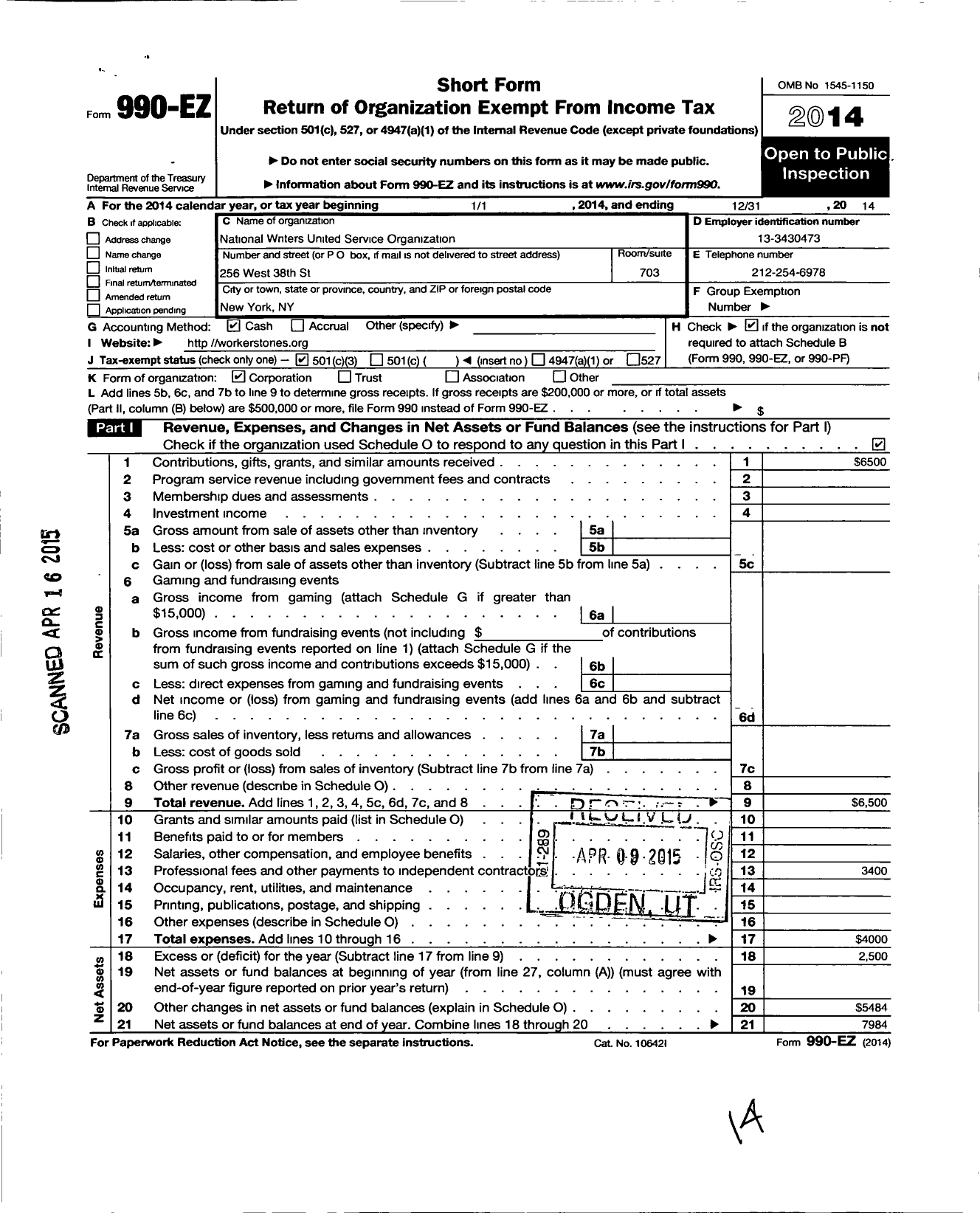 Image of first page of 2014 Form 990EZ for National Writers United Service Organization